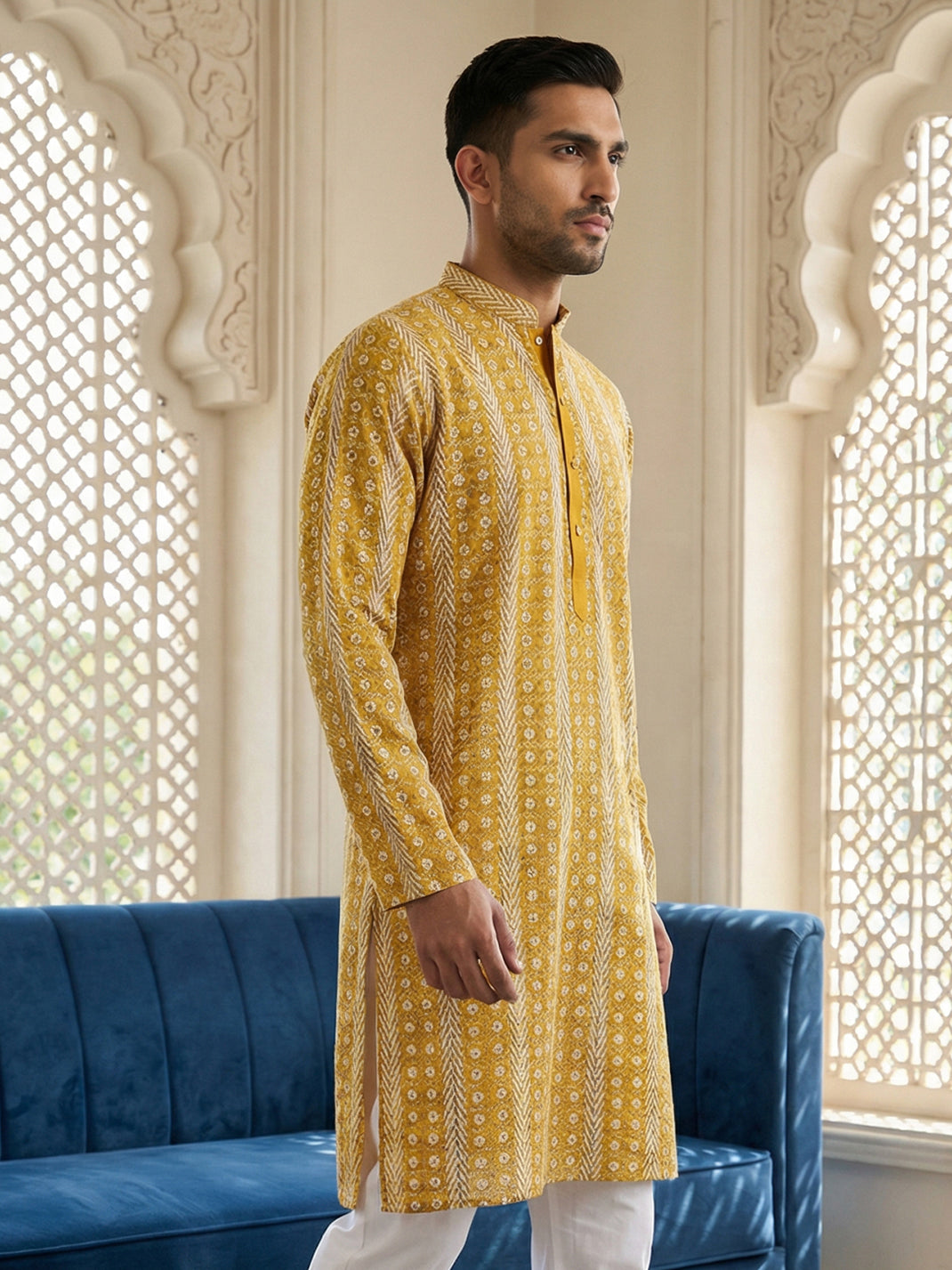 Cotton Blend Embroidered Kurta ( HOPKO 034Yellow )