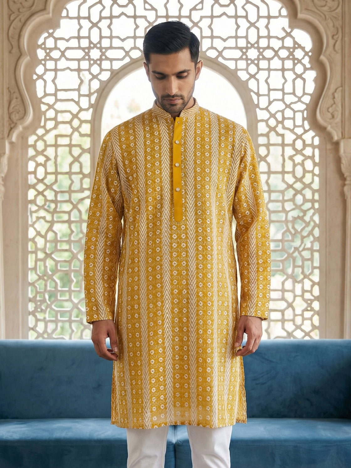 Cotton Blend Embroidered Kurta ( HOPKO 034Yellow )