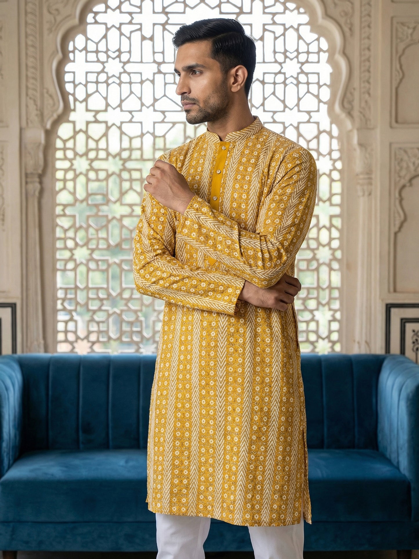 Cotton Blend Embroidered Kurta ( HOPKO 034Yellow )