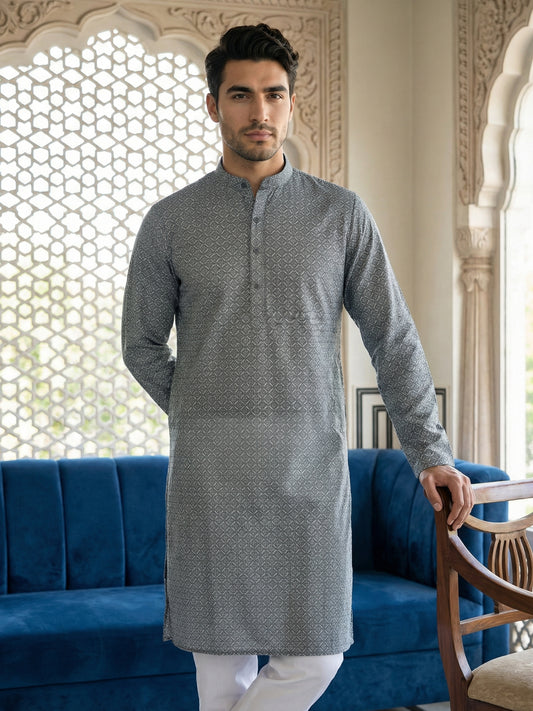 Foil Printed Cotton Blend Kurta ( HOPKO 035Grey )