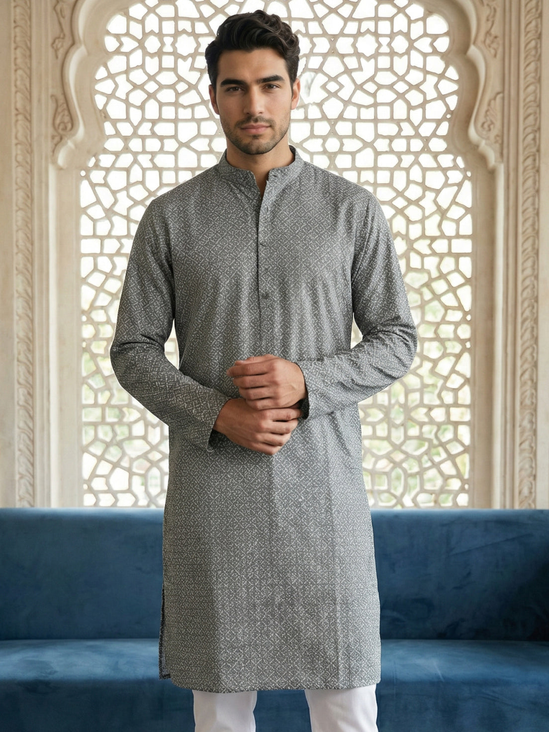 Foil Printed Cotton Blend Kurta ( HOPKO 035Grey )