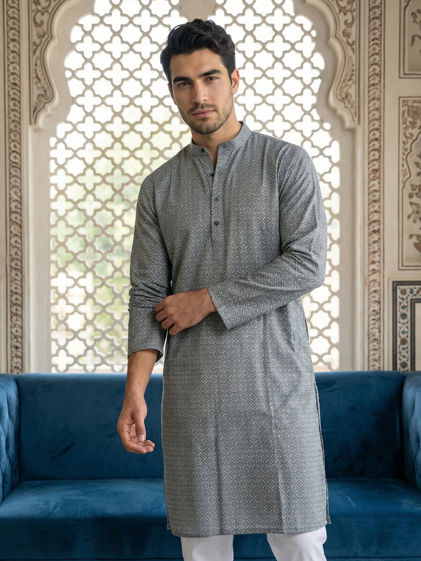 Foil Printed Cotton Blend Kurta ( HOPKO 035Grey )