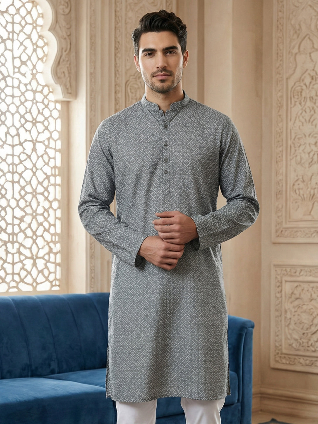 Foil Printed Cotton Blend Kurta ( HOPKO 035Grey )