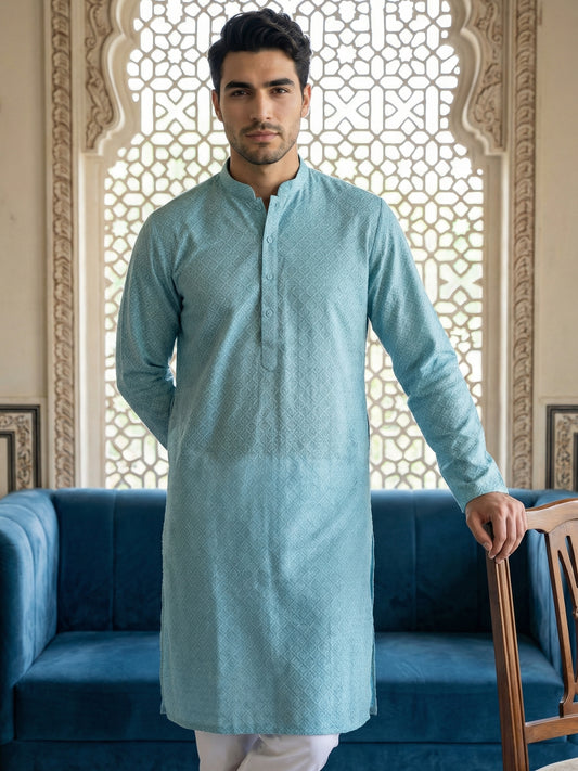 Foil Printed Cotton Blend Kurta ( HOPKO 035Sky )