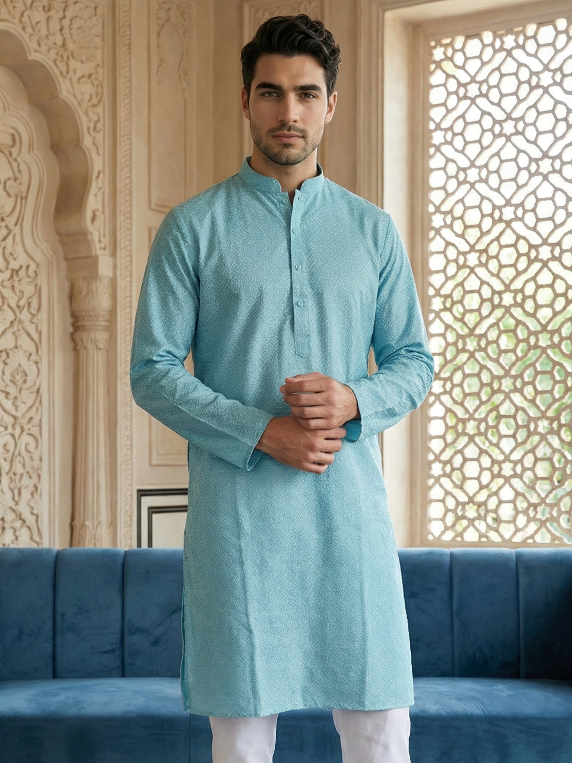 Foil Printed Cotton Blend Kurta ( HOPKO 035Sky )