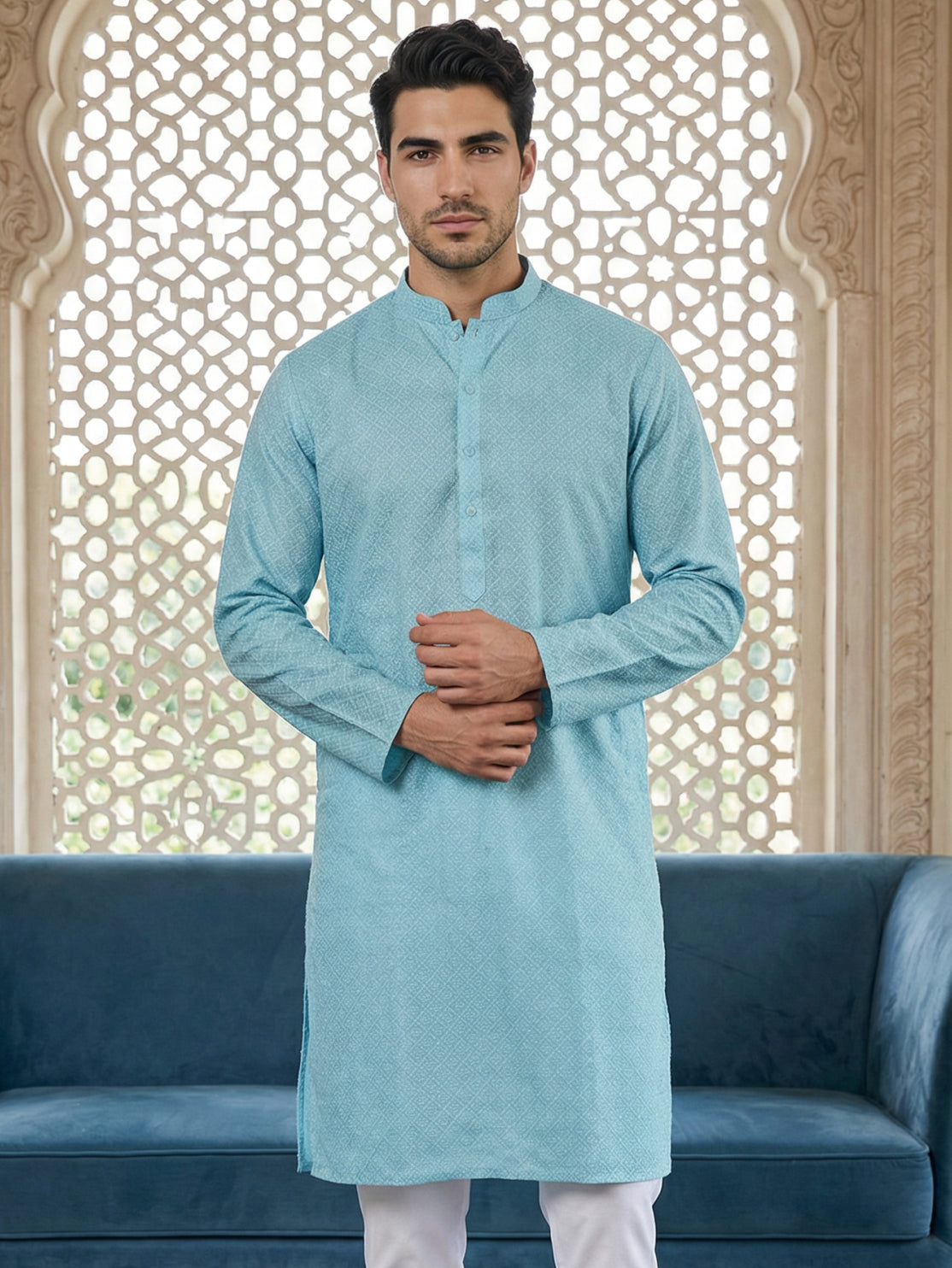 Foil Printed Cotton Blend Kurta ( HOPKO 035Sky )