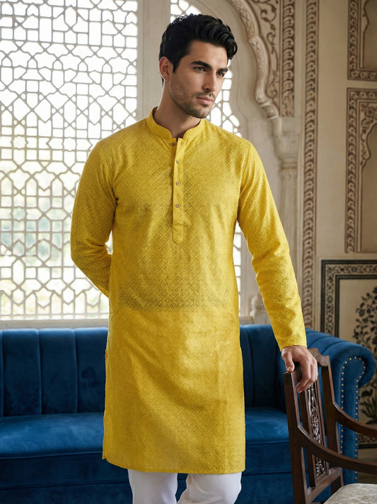 Foil Printed Cotton Blend Kurta ( HOPKO 035Yellow )