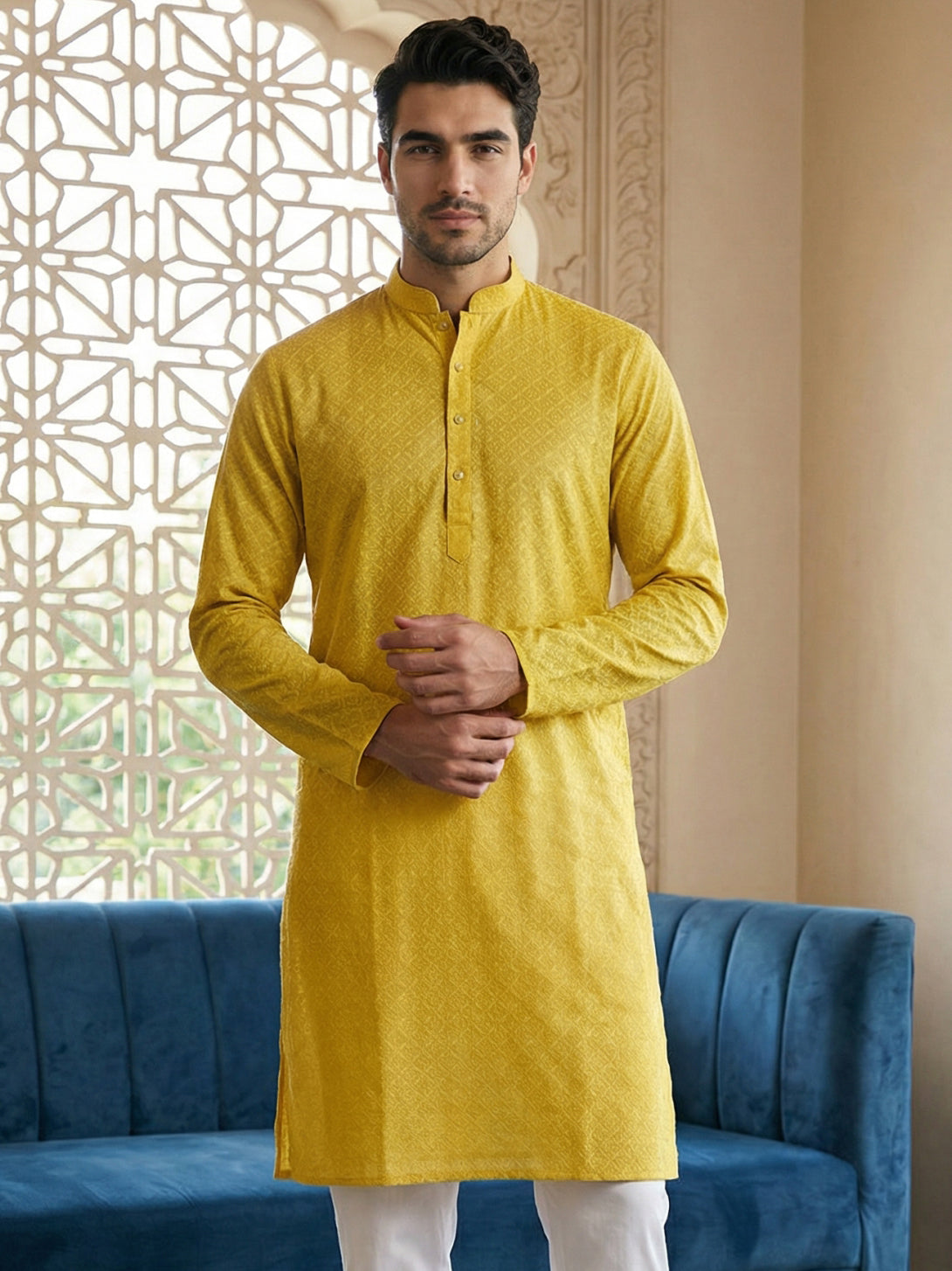 Foil Printed Cotton Blend Kurta ( HOPKO 035Yellow )