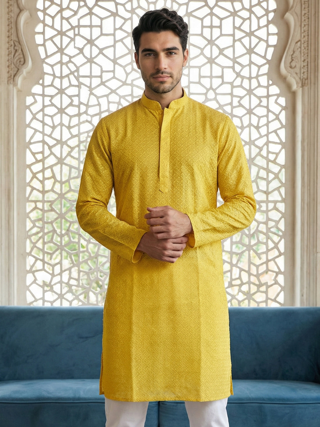Foil Printed Cotton Blend Kurta ( HOPKO 035Yellow )