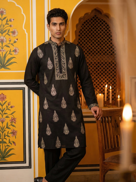 Men’s Silk Blend Embroidered Kurta ( HOPKO 036Black )