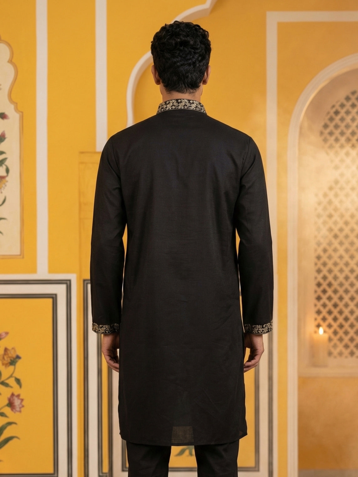Men’s Silk Blend Embroidered Kurta ( HOPKO 036Black )