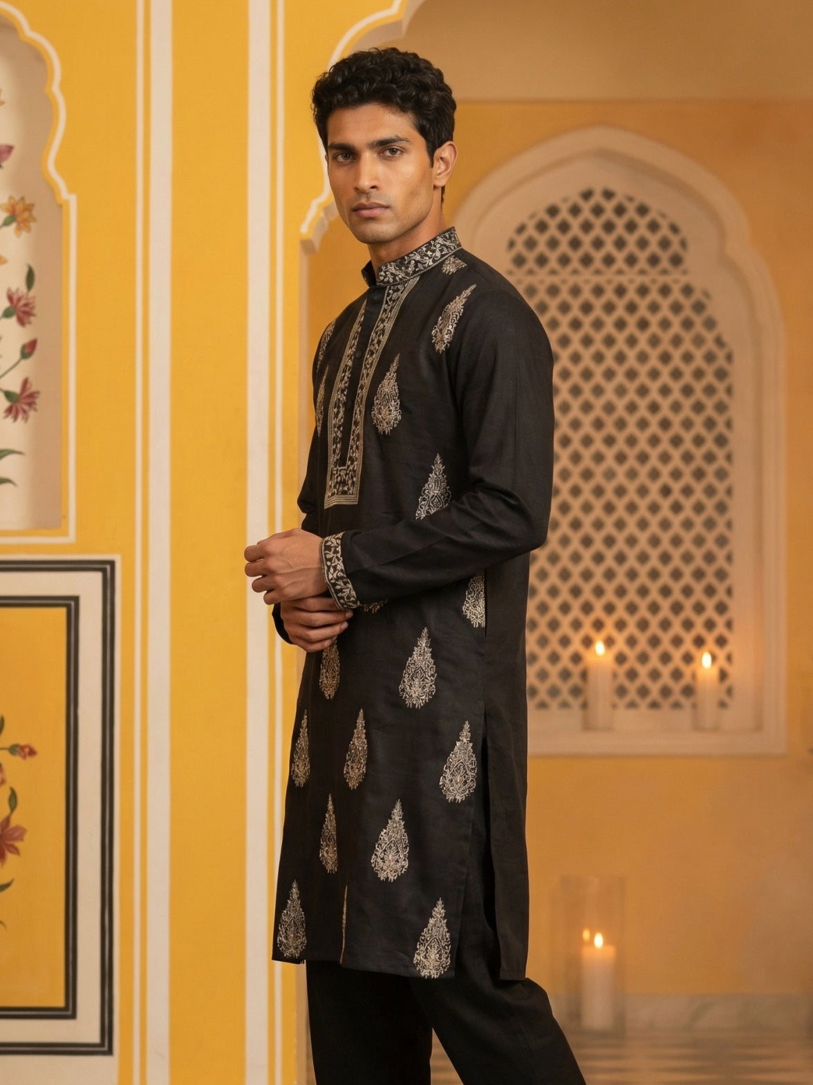 Men’s Silk Blend Embroidered Kurta ( HOPKO 036Black )