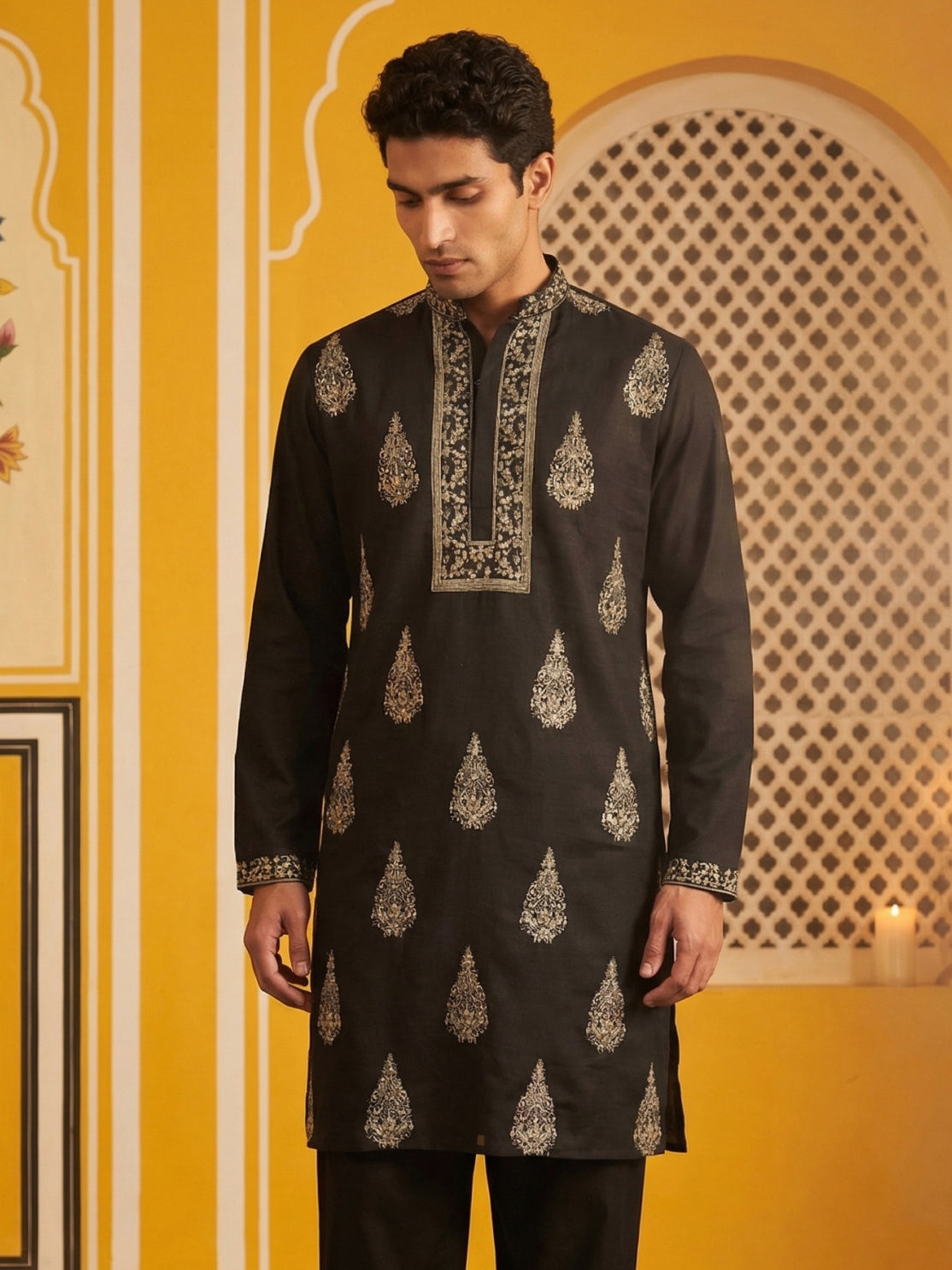 Men’s Silk Blend Embroidered Kurta ( HOPKO 036Black )