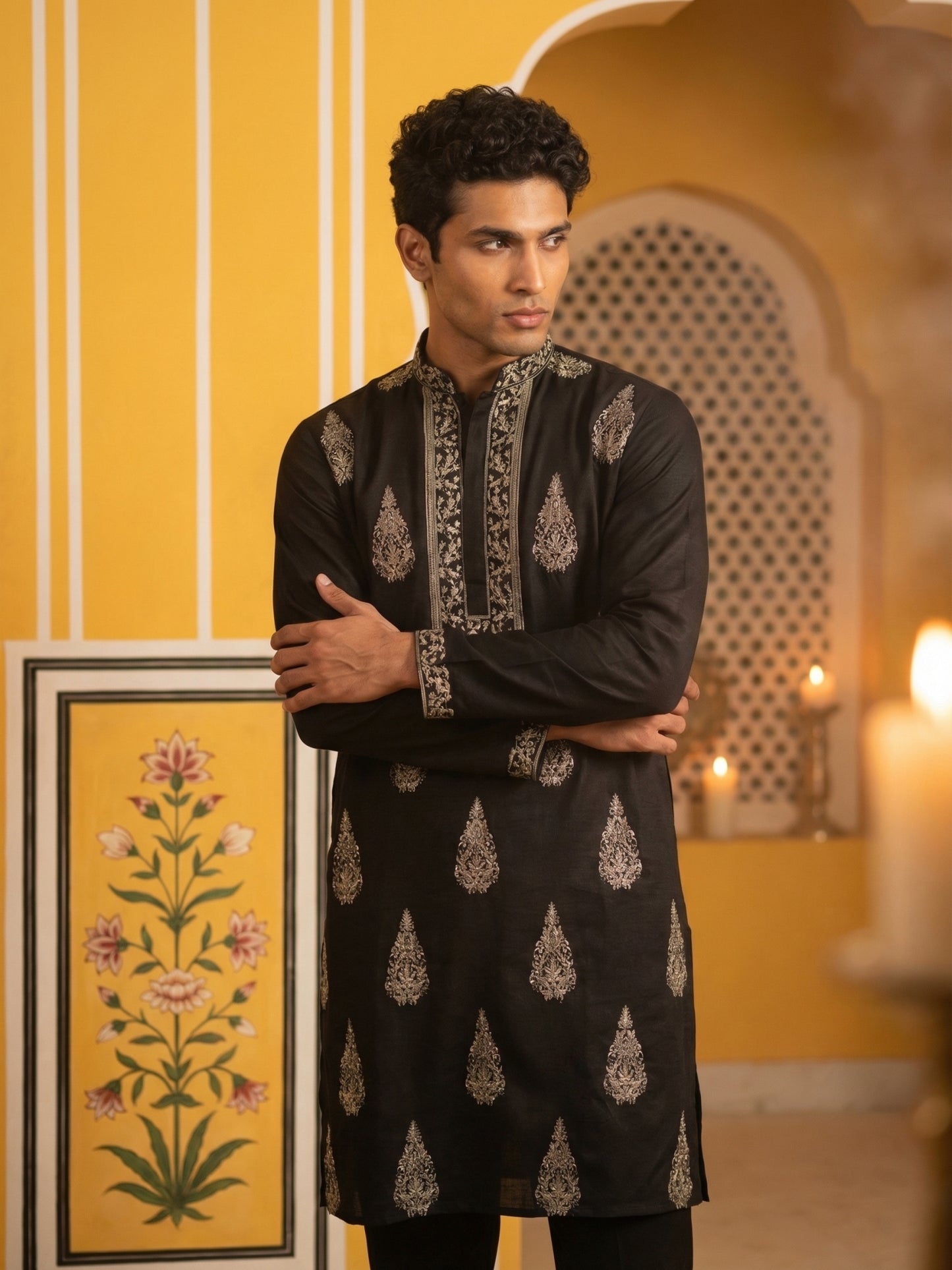 Men’s Silk Blend Embroidered Kurta ( HOPKO 036Black )
