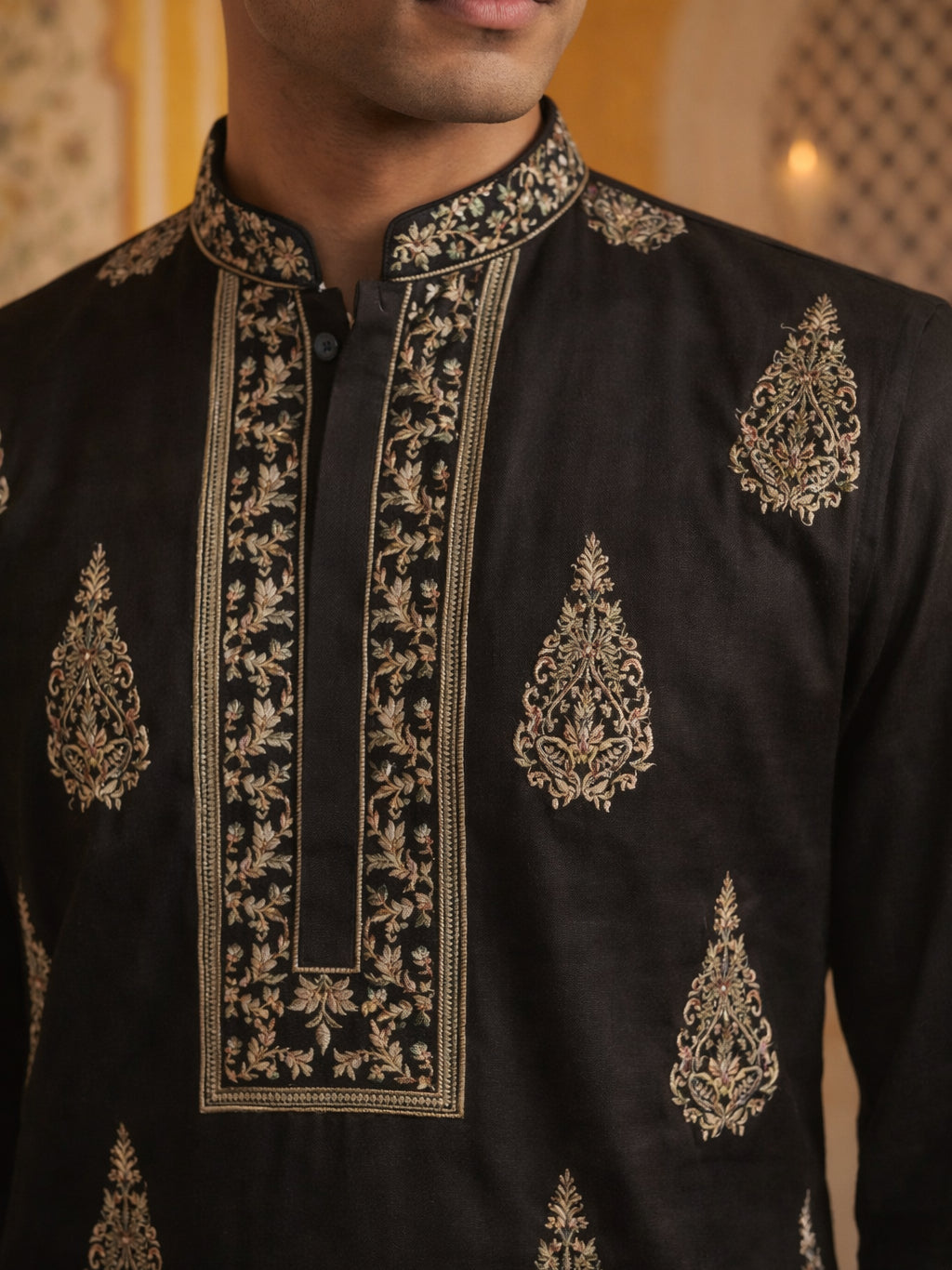 Men’s Silk Blend Embroidered Kurta ( HOPKO 036Black )