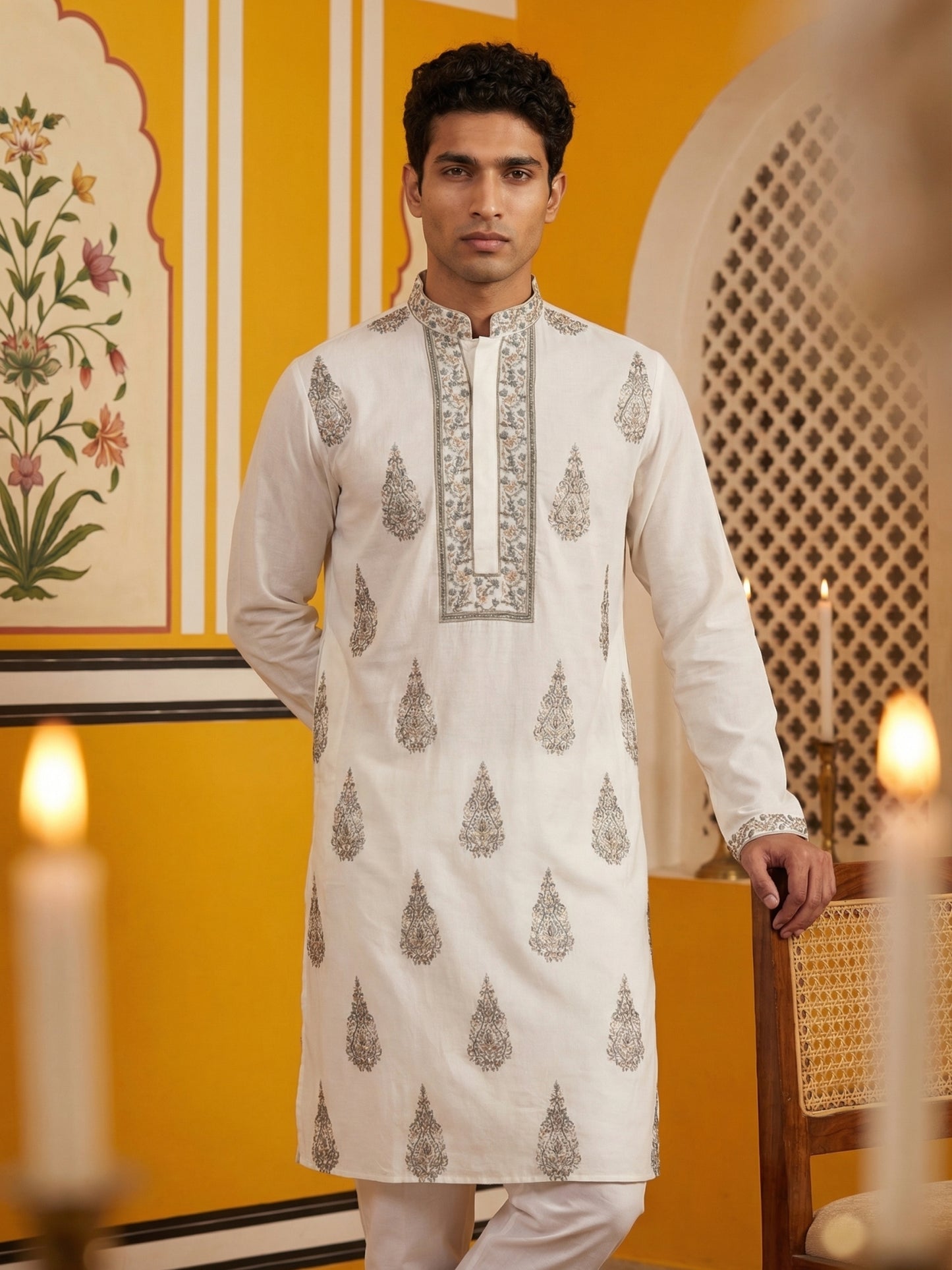 Men’s Silk Blend Embroidered Kurta ( HOPKO 036White )