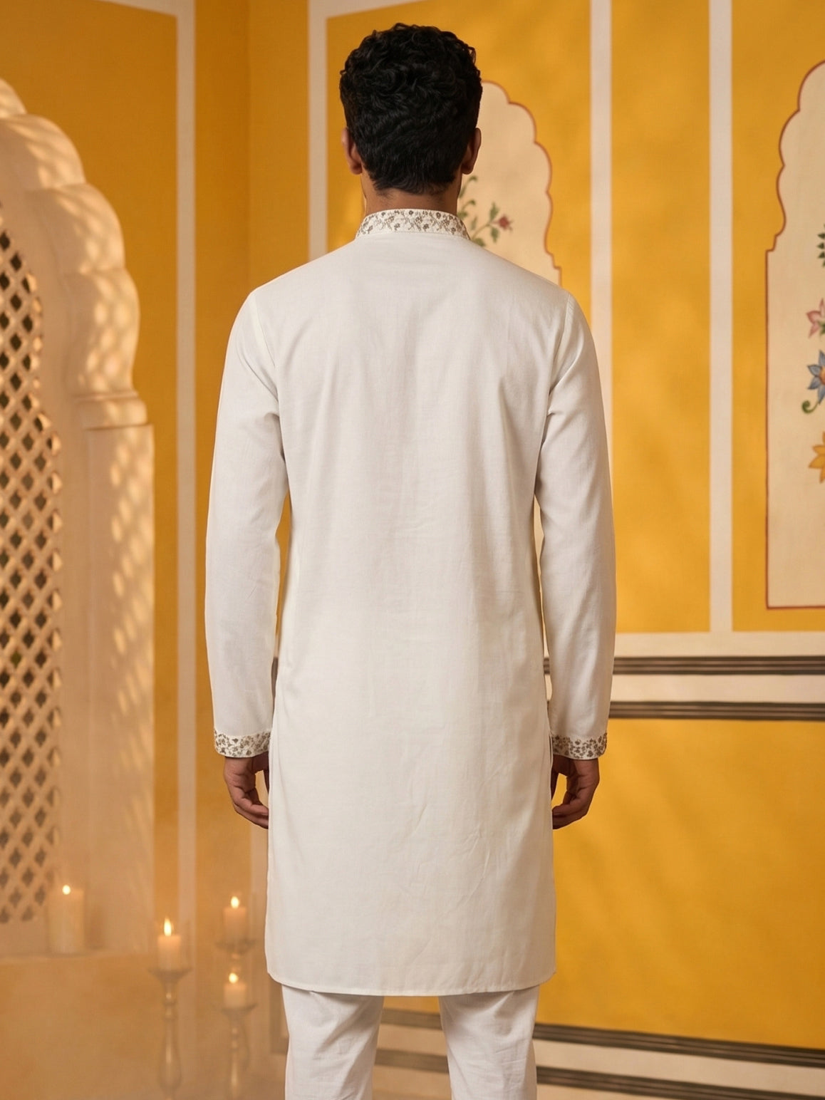 Men’s Silk Blend Embroidered Kurta ( HOPKO 036White )