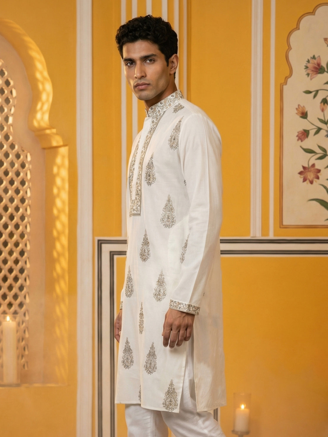 Men’s Silk Blend Embroidered Kurta ( HOPKO 036White )
