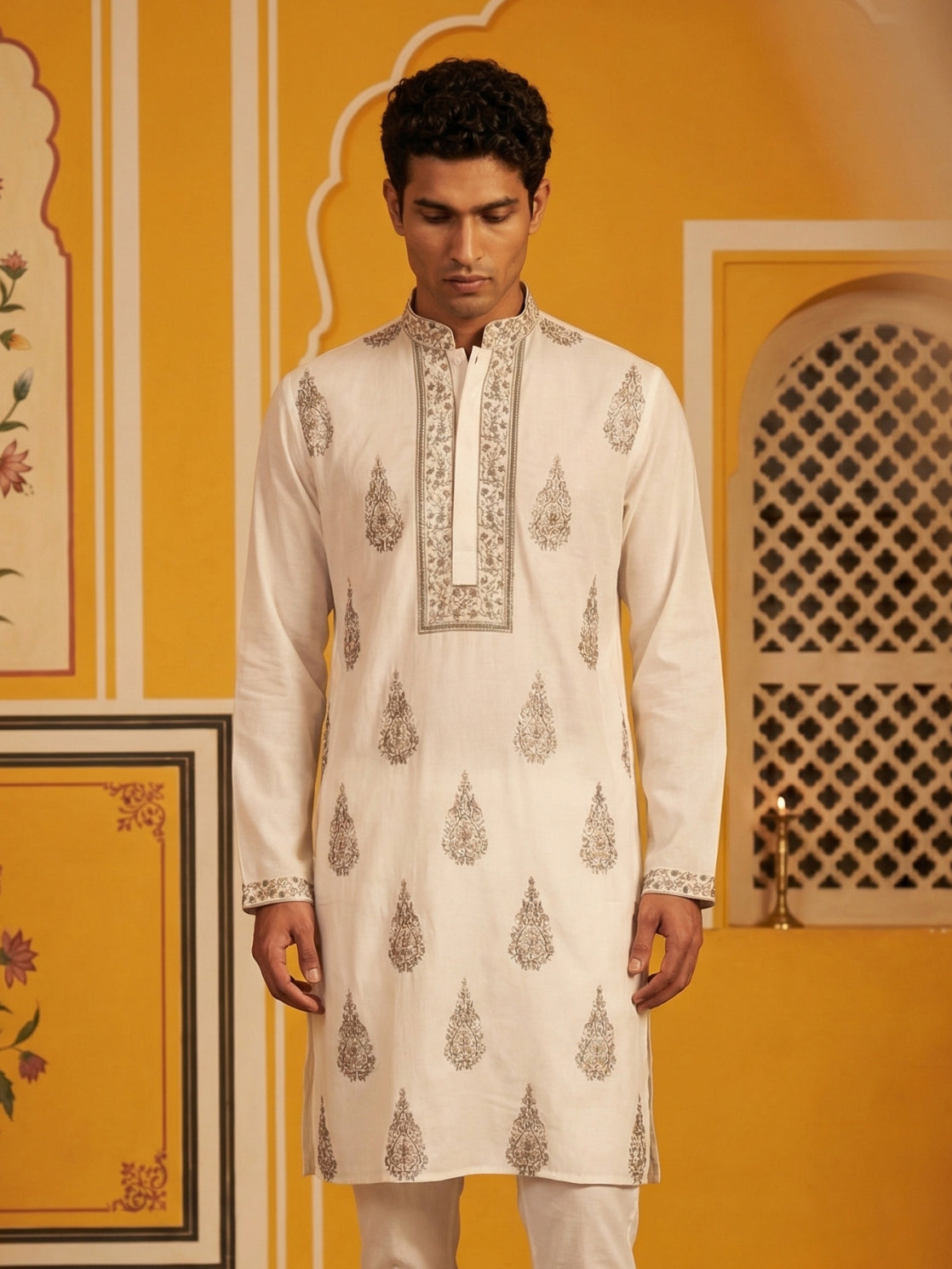 Men’s Silk Blend Embroidered Kurta ( HOPKO 036White )