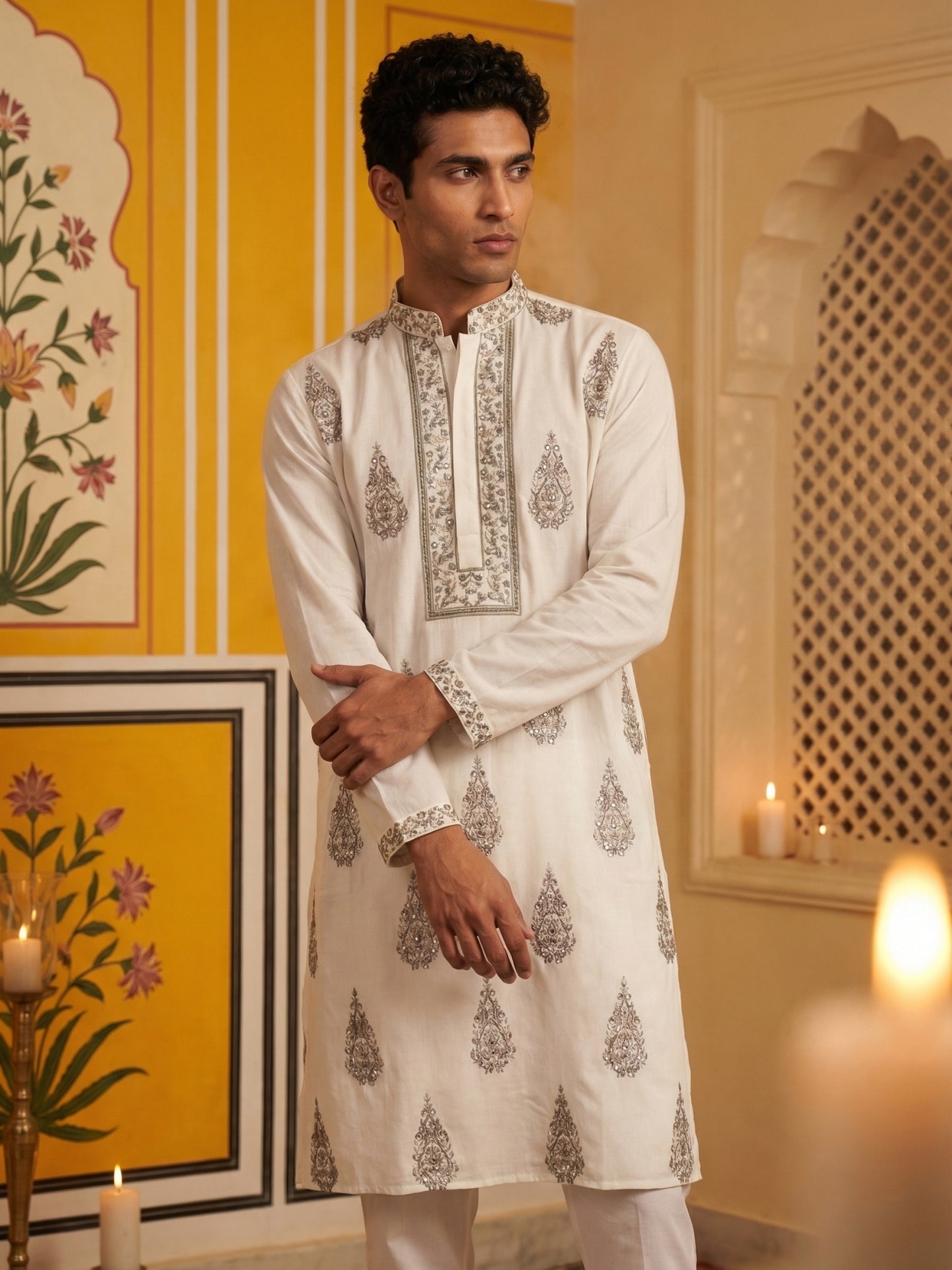 Men’s Silk Blend Embroidered Kurta ( HOPKO 036White )