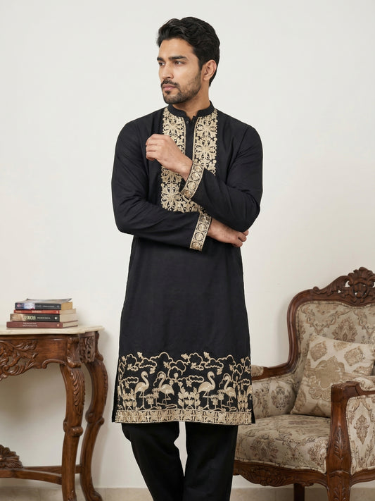 Men’s Designer Embroidered Kurta ( HOPKO 037Black )