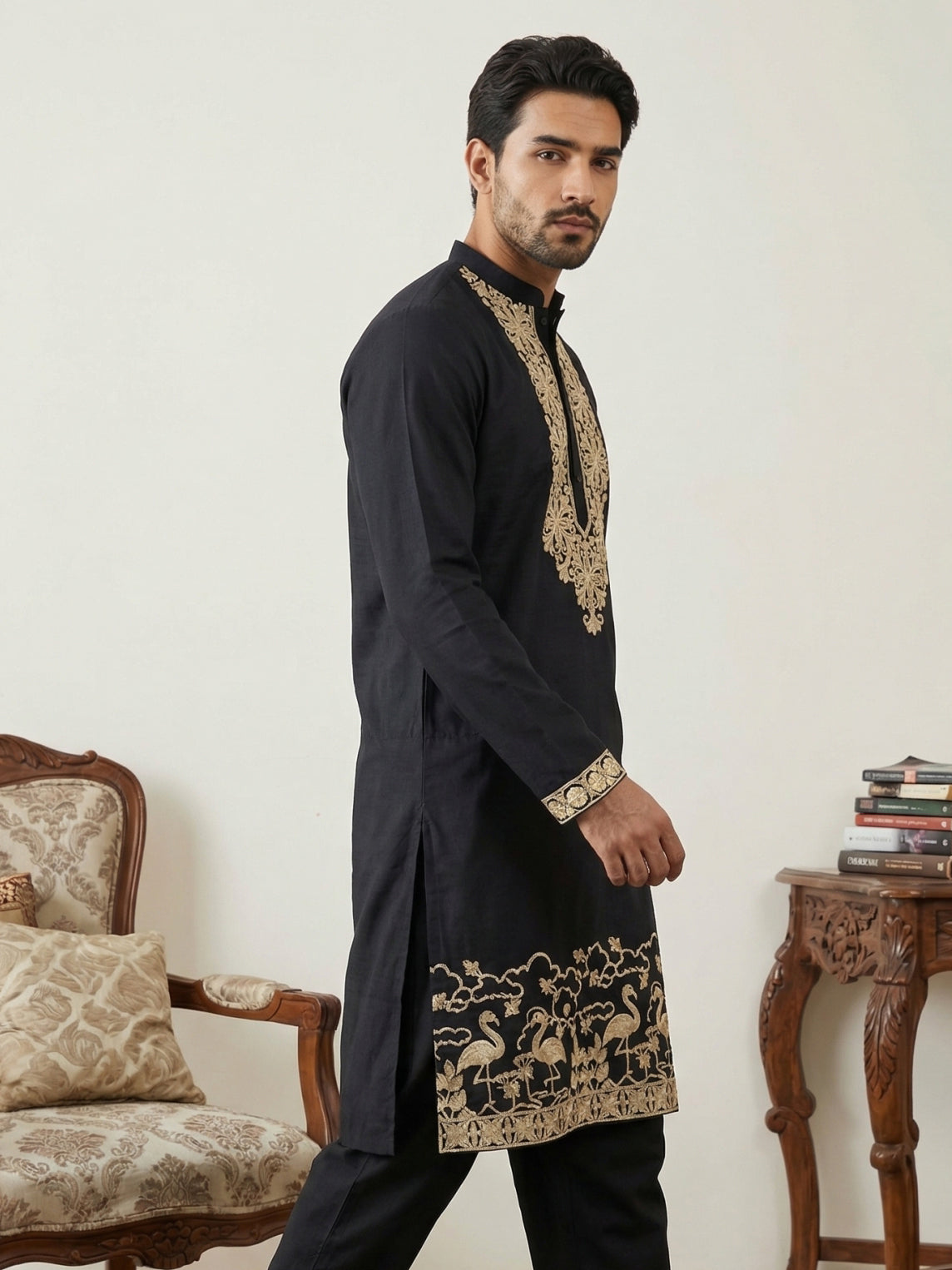 Men’s Designer Embroidered Kurta ( HOPKO 037Black )