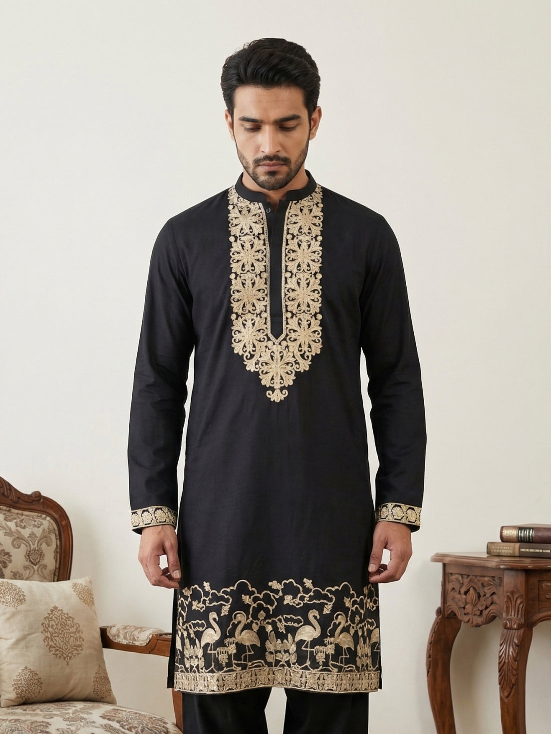 Men’s Designer Embroidered Kurta ( HOPKO 037Black )