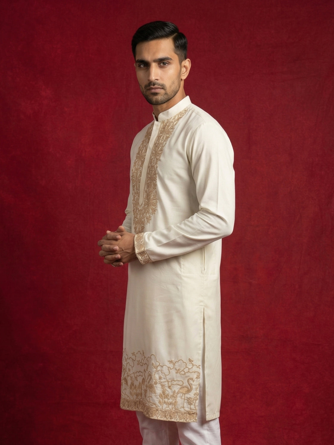 Men’s Designer Embroidered Kurta ( HOPKO 037White )