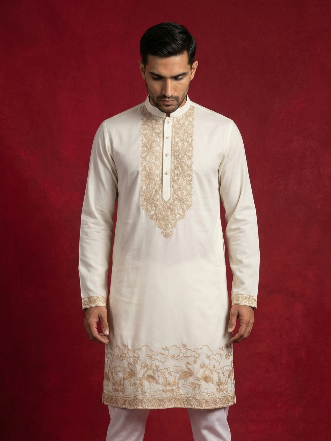 Men’s Designer Embroidered Kurta ( HOPKO 037White )