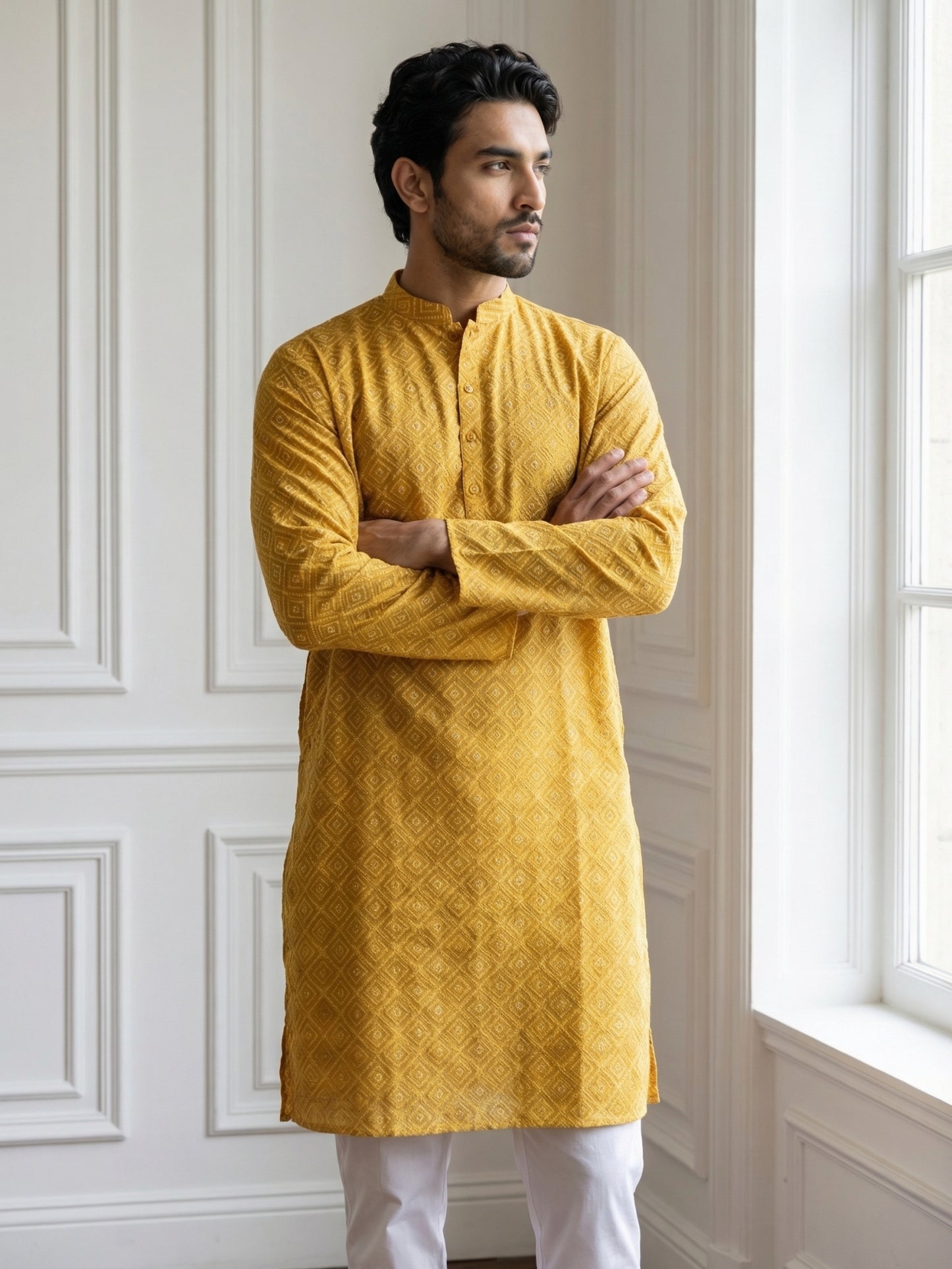 Men’s Printed Cotton Blend Kurta ( HOPKO 038Yellow )