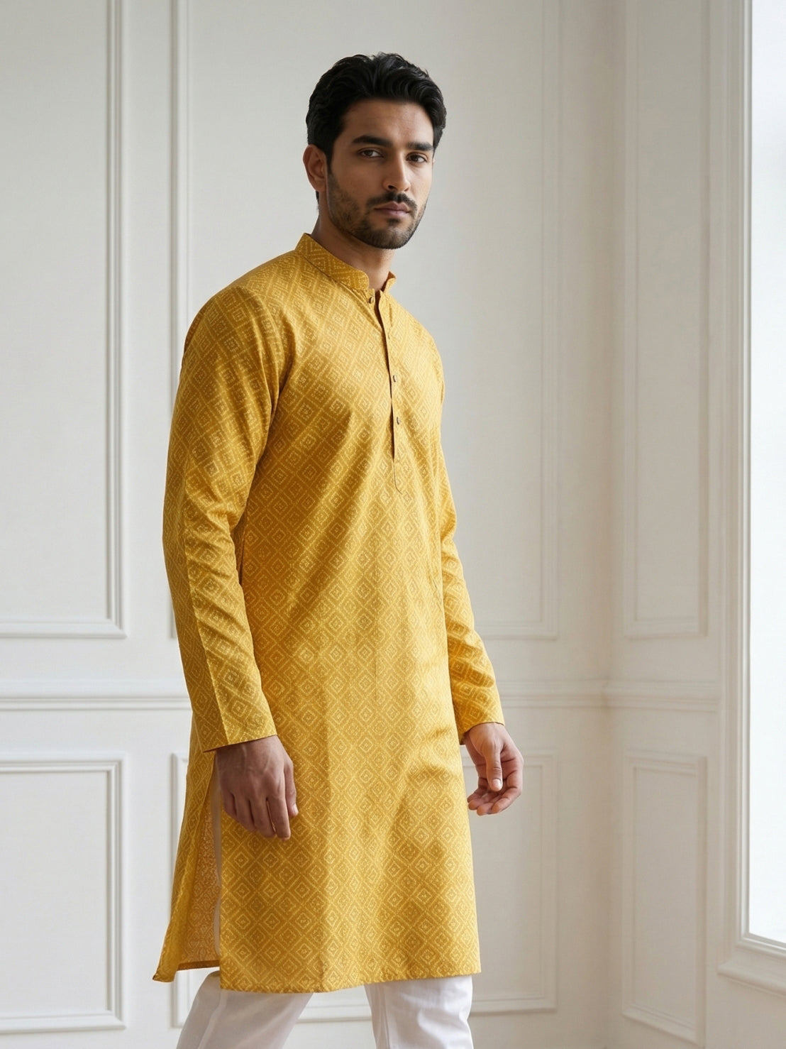 Men’s Printed Cotton Blend Kurta ( HOPKO 038Yellow )