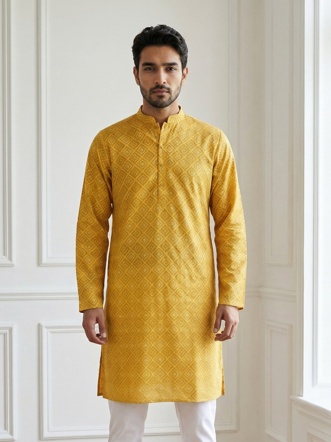 Men’s Printed Cotton Blend Kurta ( HOPKO 038Yellow )