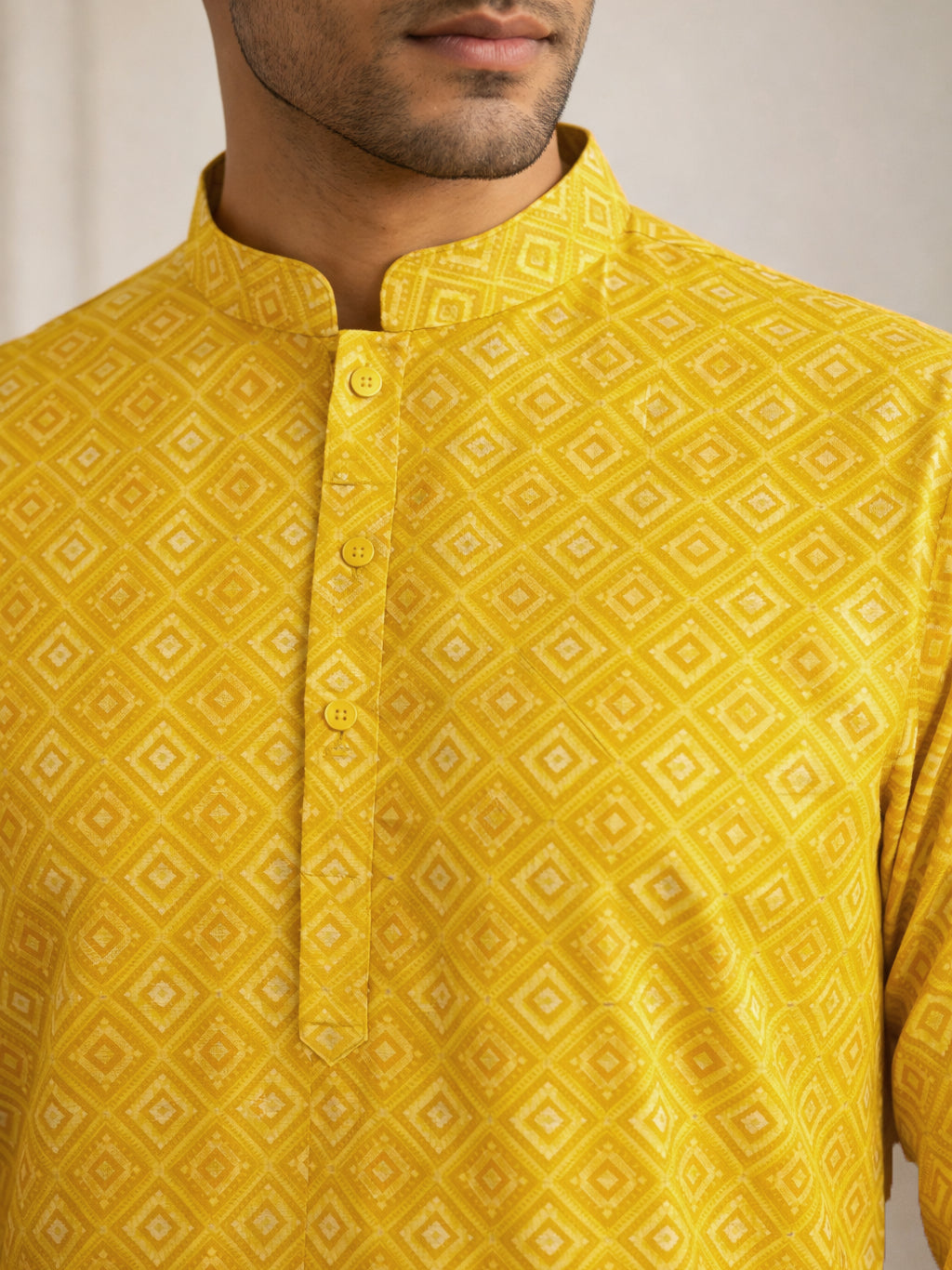 Men’s Printed Cotton Blend Kurta ( HOPKO 038Yellow )