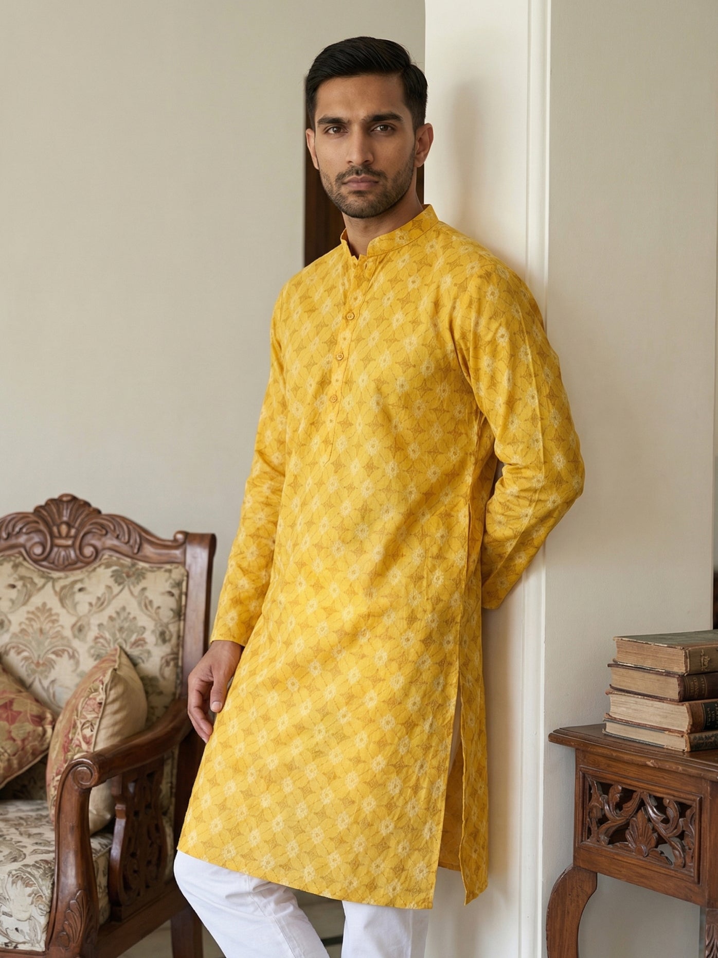 Men’s Printed Cotton Blend Kurta ( HOPKO 039Yellow )