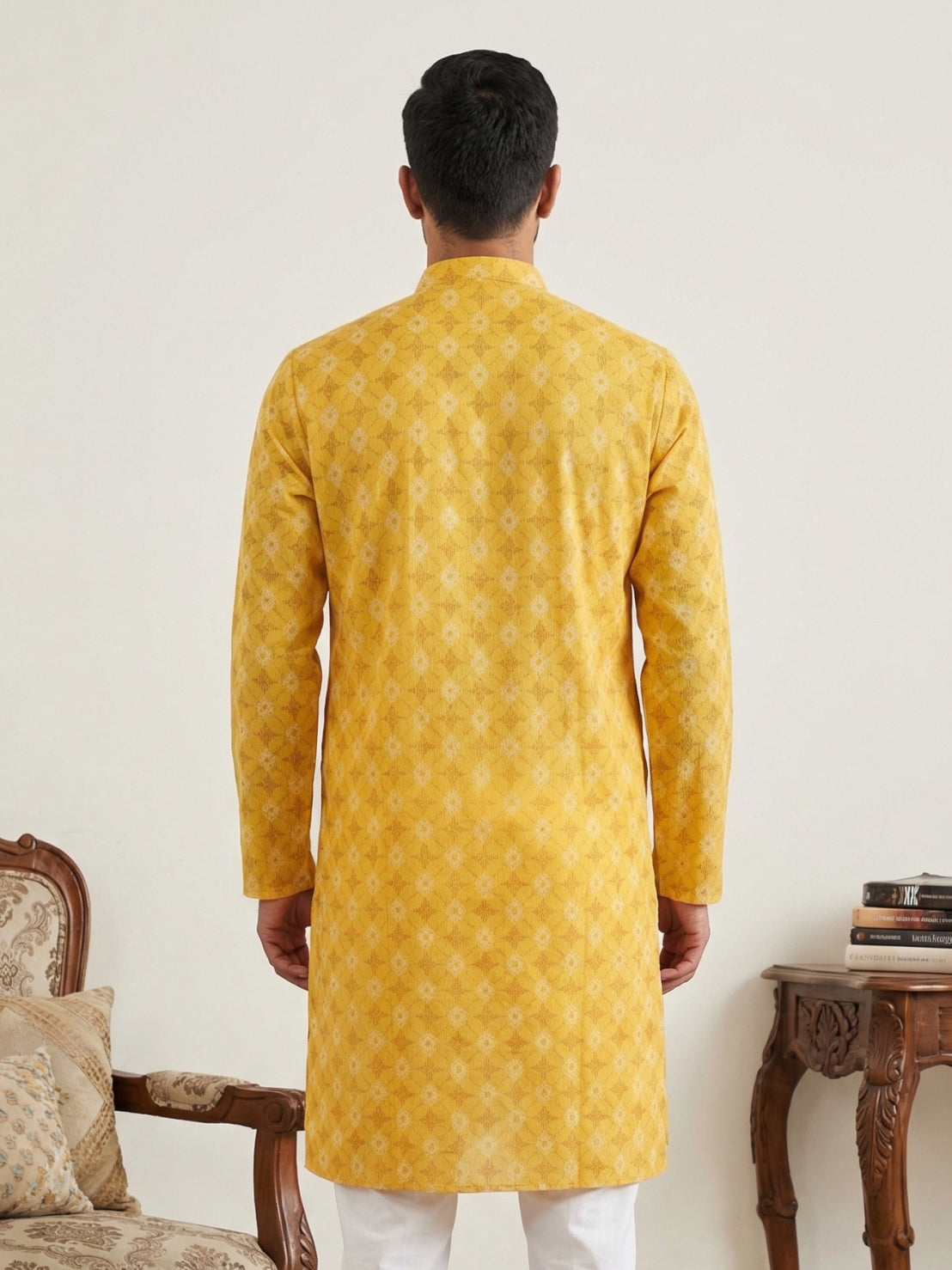 Men’s Printed Cotton Blend Kurta ( HOPKO 039Yellow )