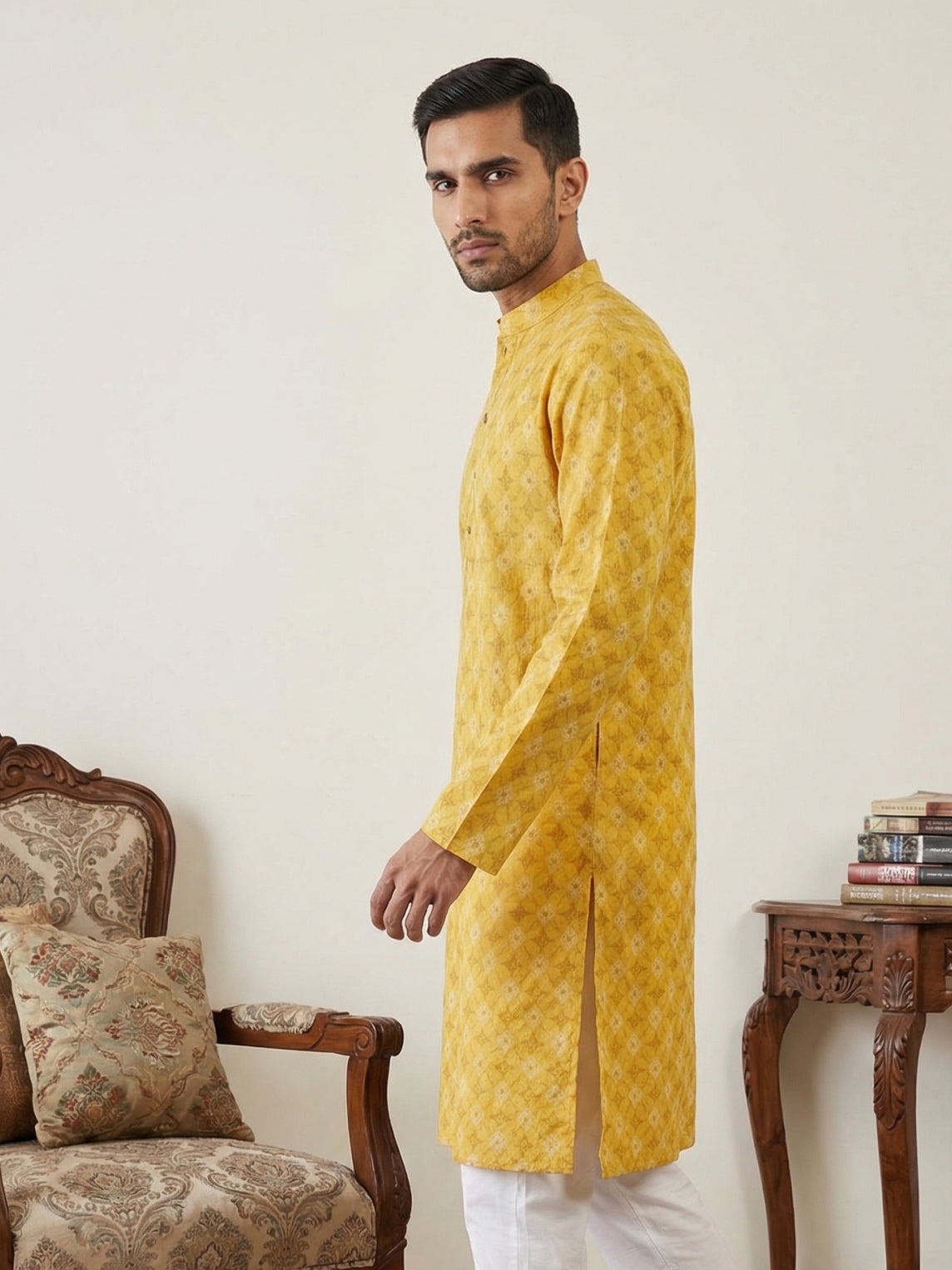 Men’s Printed Cotton Blend Kurta ( HOPKO 039Yellow )