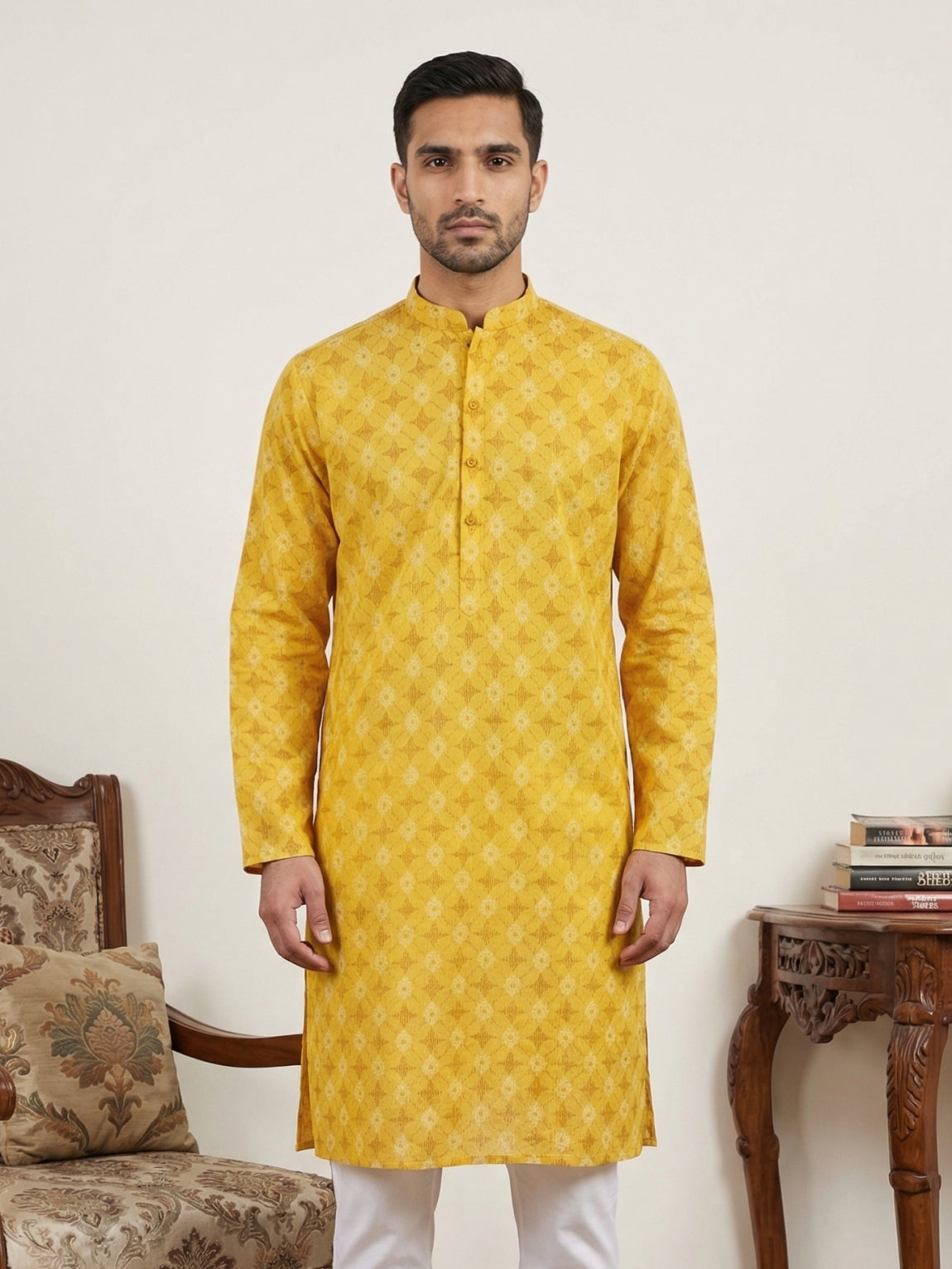 Men’s Printed Cotton Blend Kurta ( HOPKO 039Yellow )