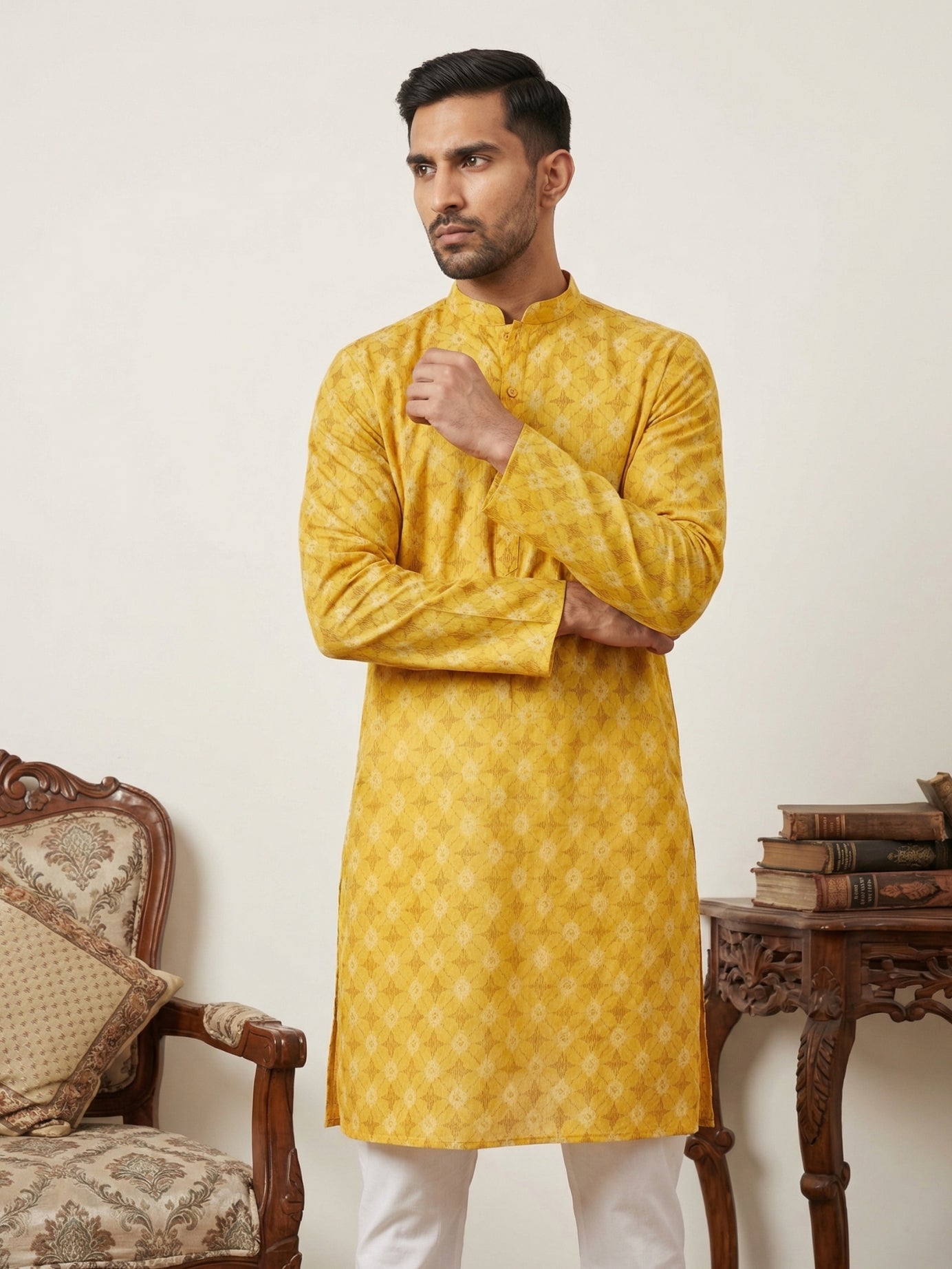 Men’s Printed Cotton Blend Kurta ( HOPKO 039Yellow )