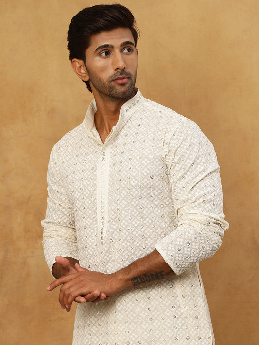 Men’s Ethnic Cotton Embroidered Kurta ( HOPKO 040White )