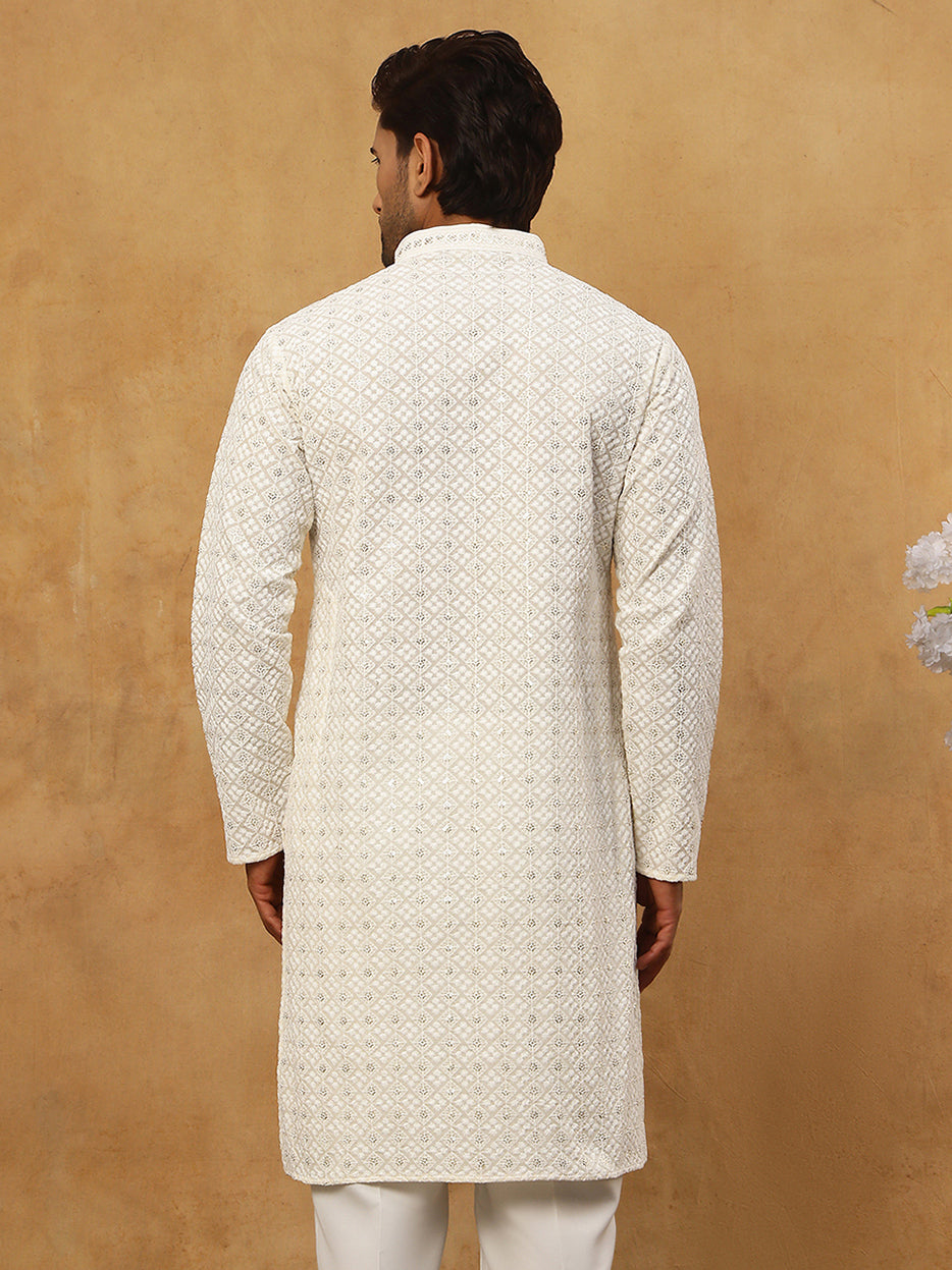 Men’s Ethnic Cotton Embroidered Kurta ( HOPKO 040White )
