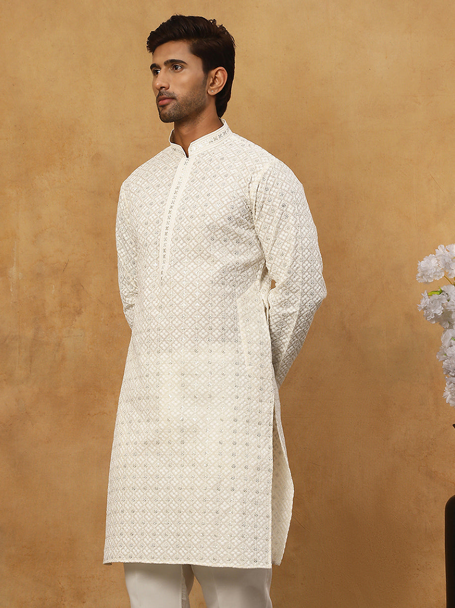Men’s Ethnic Cotton Embroidered Kurta ( HOPKO 040White )