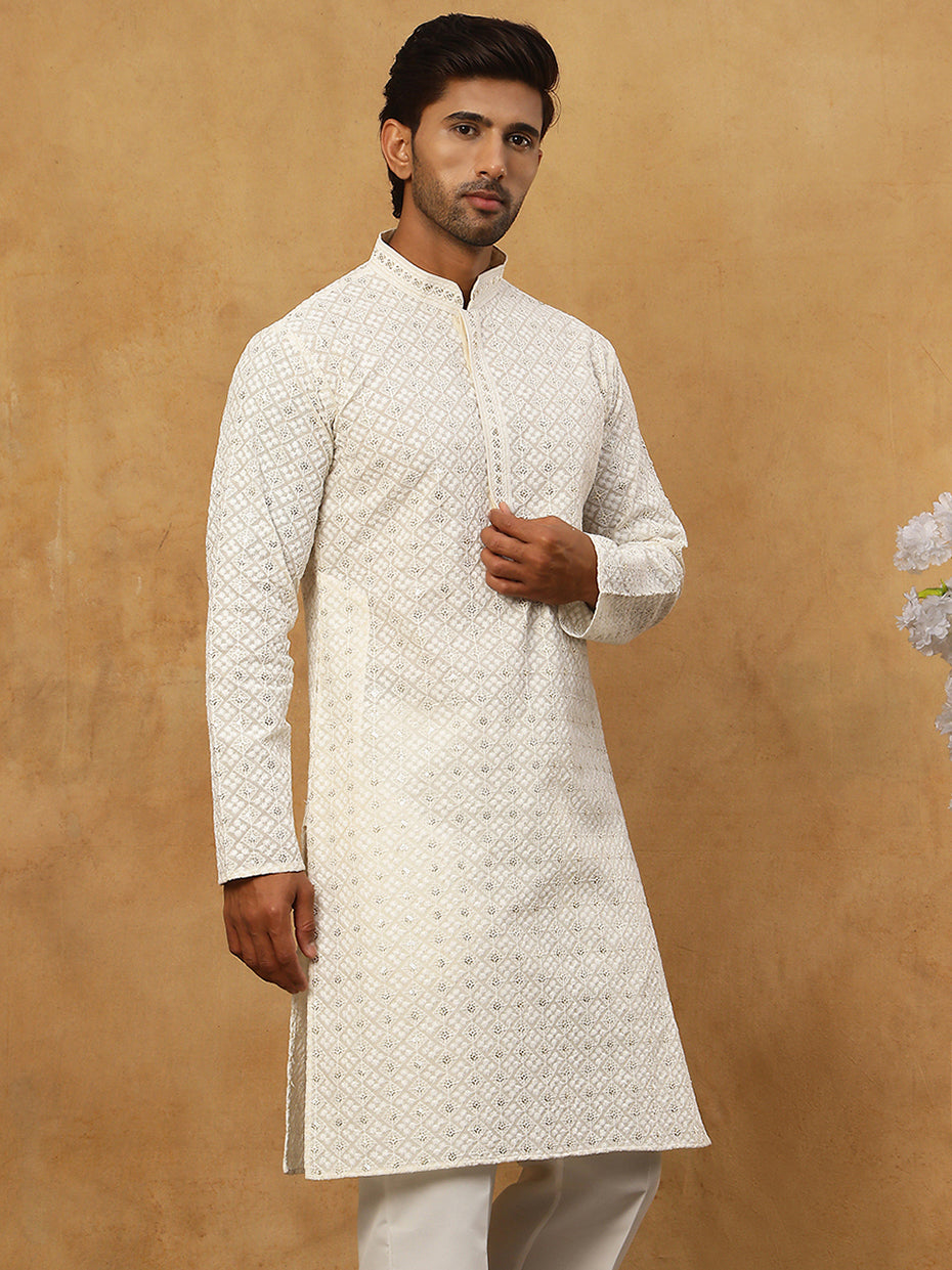 Men’s Ethnic Cotton Embroidered Kurta ( HOPKO 040White )