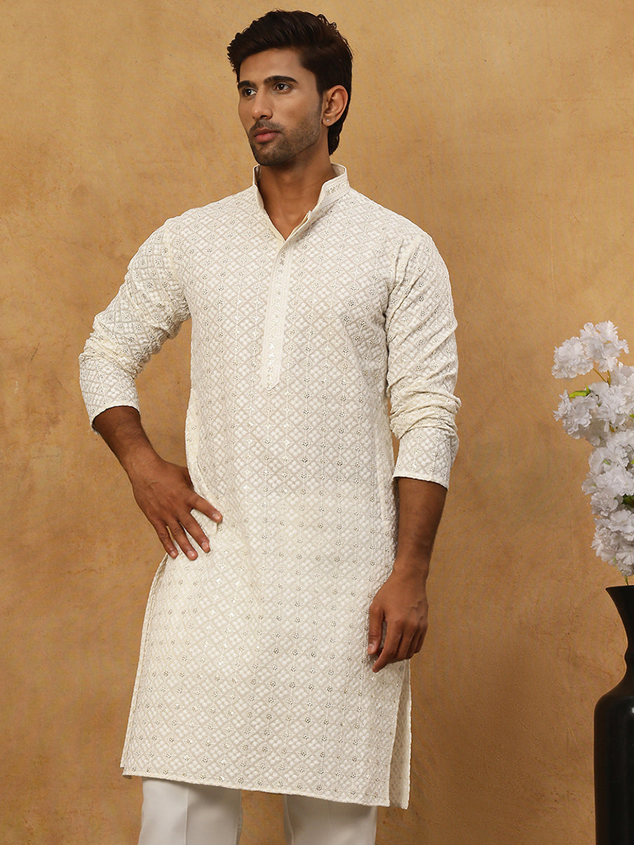 Men’s Ethnic Cotton Embroidered Kurta ( HOPKO 040White )