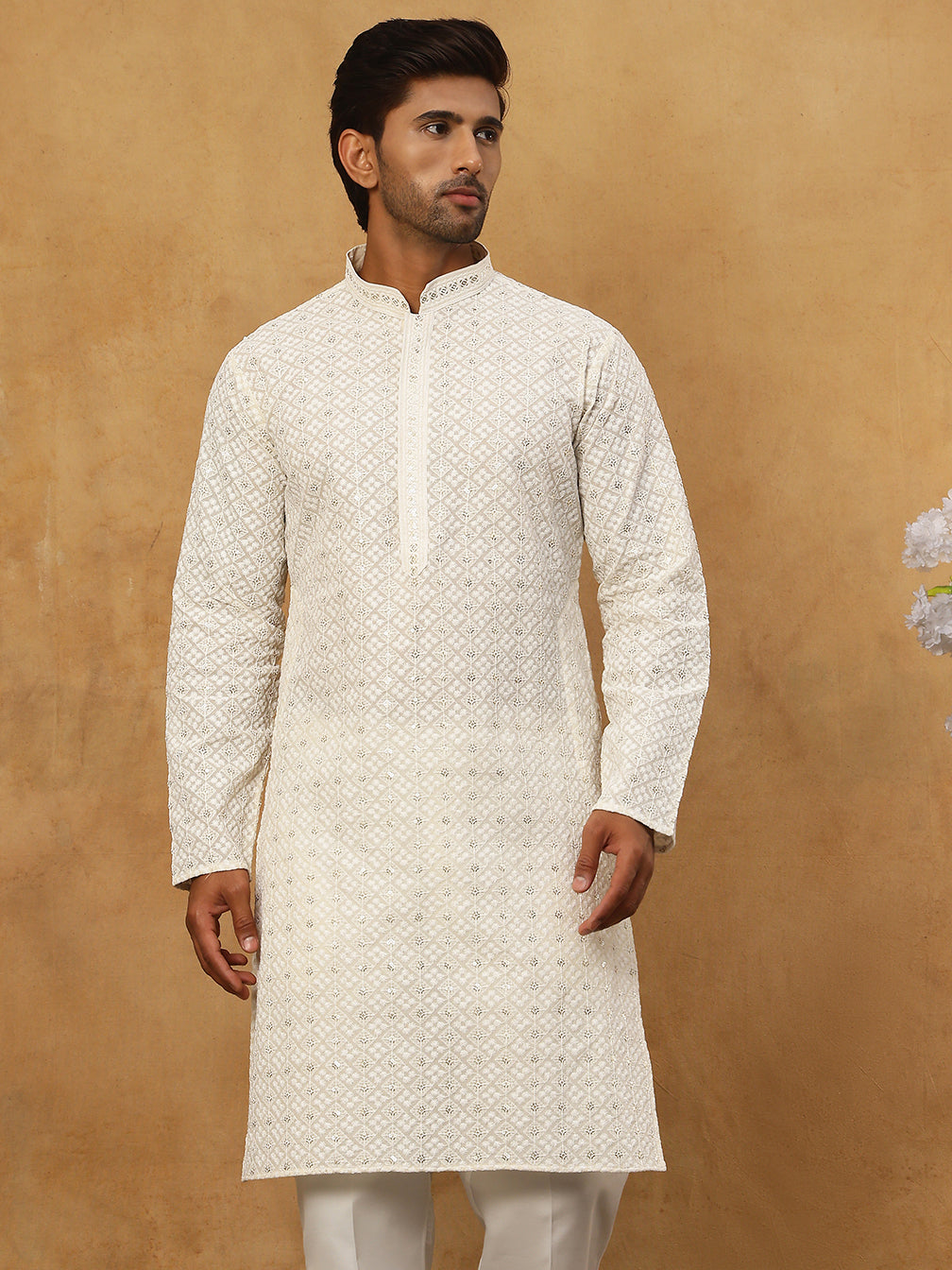 Men’s Ethnic Cotton Embroidered Kurta ( HOPKO 040White )