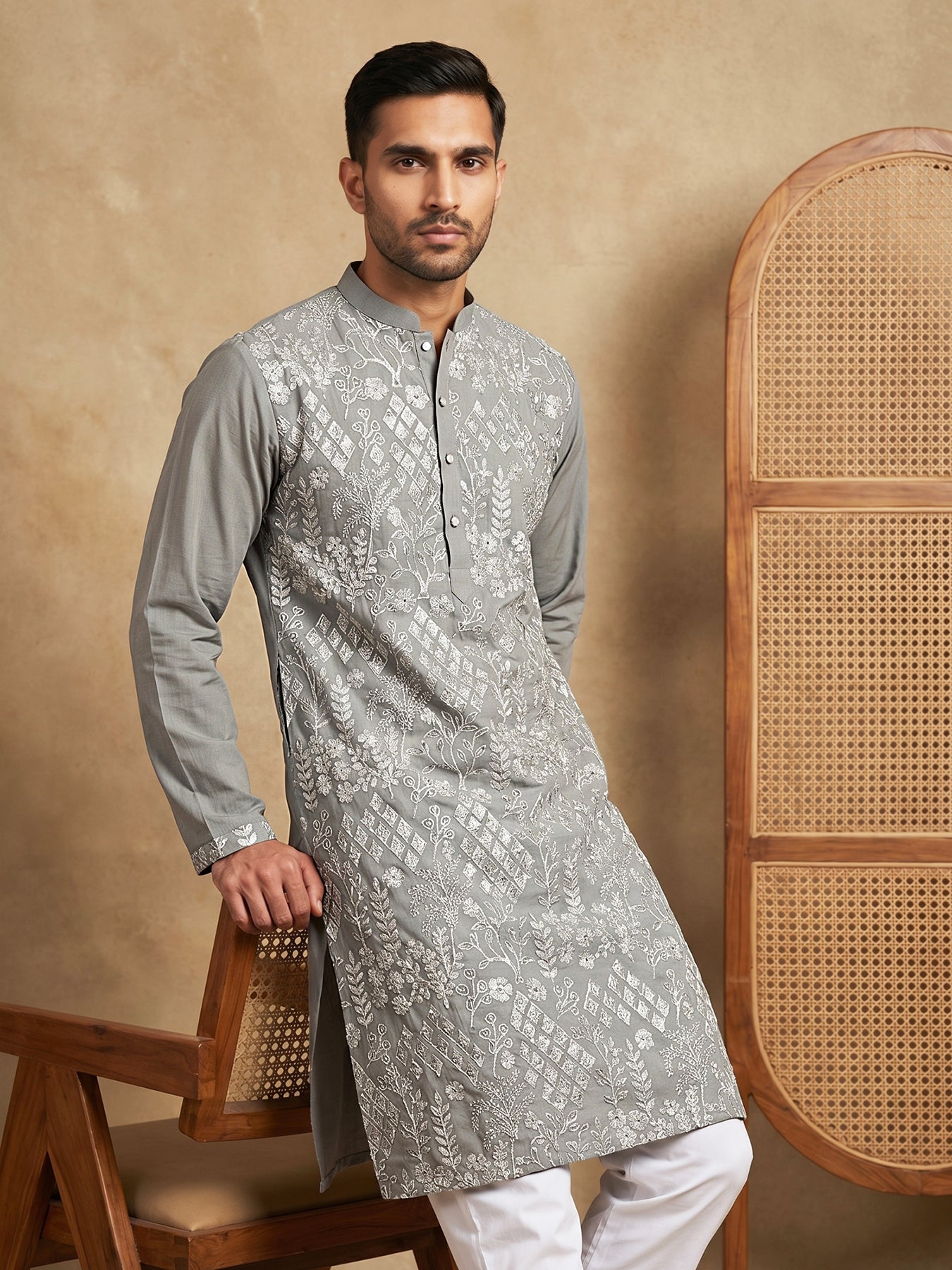 Embroidered Cotton Blend Kurta ( HOPKO 041Grey )