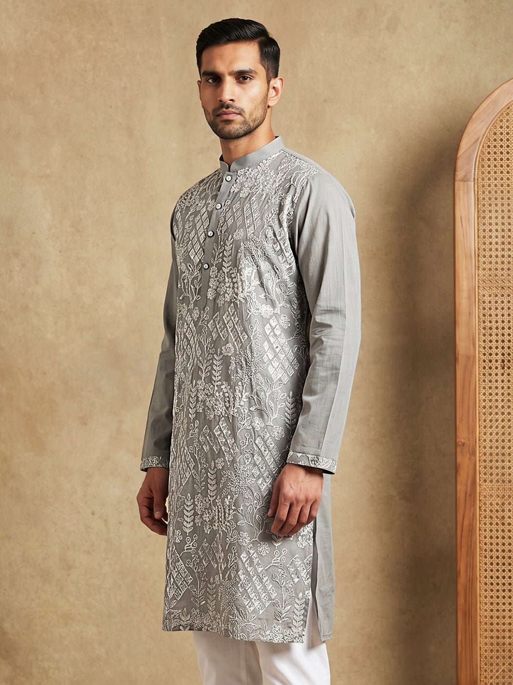 Embroidered Cotton Blend Kurta ( HOPKO 041Grey )
