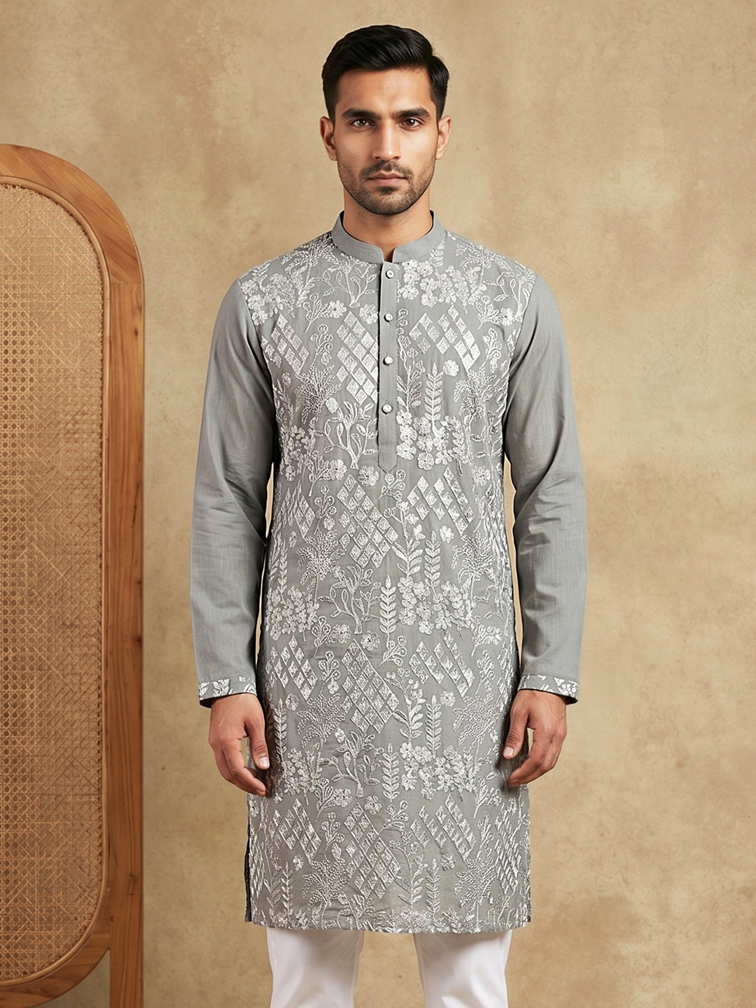 Embroidered Cotton Blend Kurta ( HOPKO 041Grey )