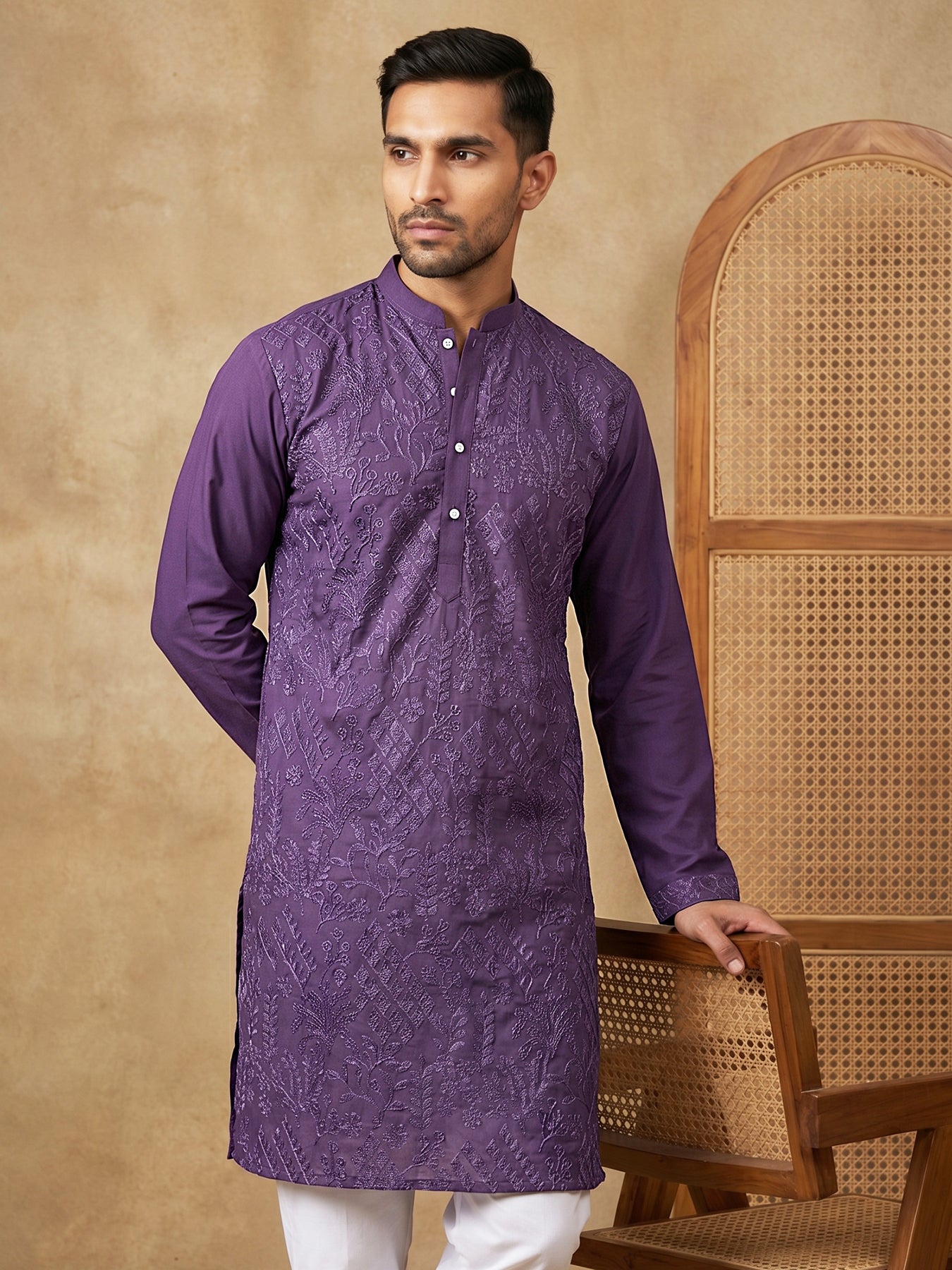 Embroidered Cotton Blend Kurta ( HOPKO 041Purple )