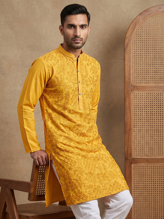 Embroidered Cotton Blend Kurta ( HOPKO 041Yellow )
