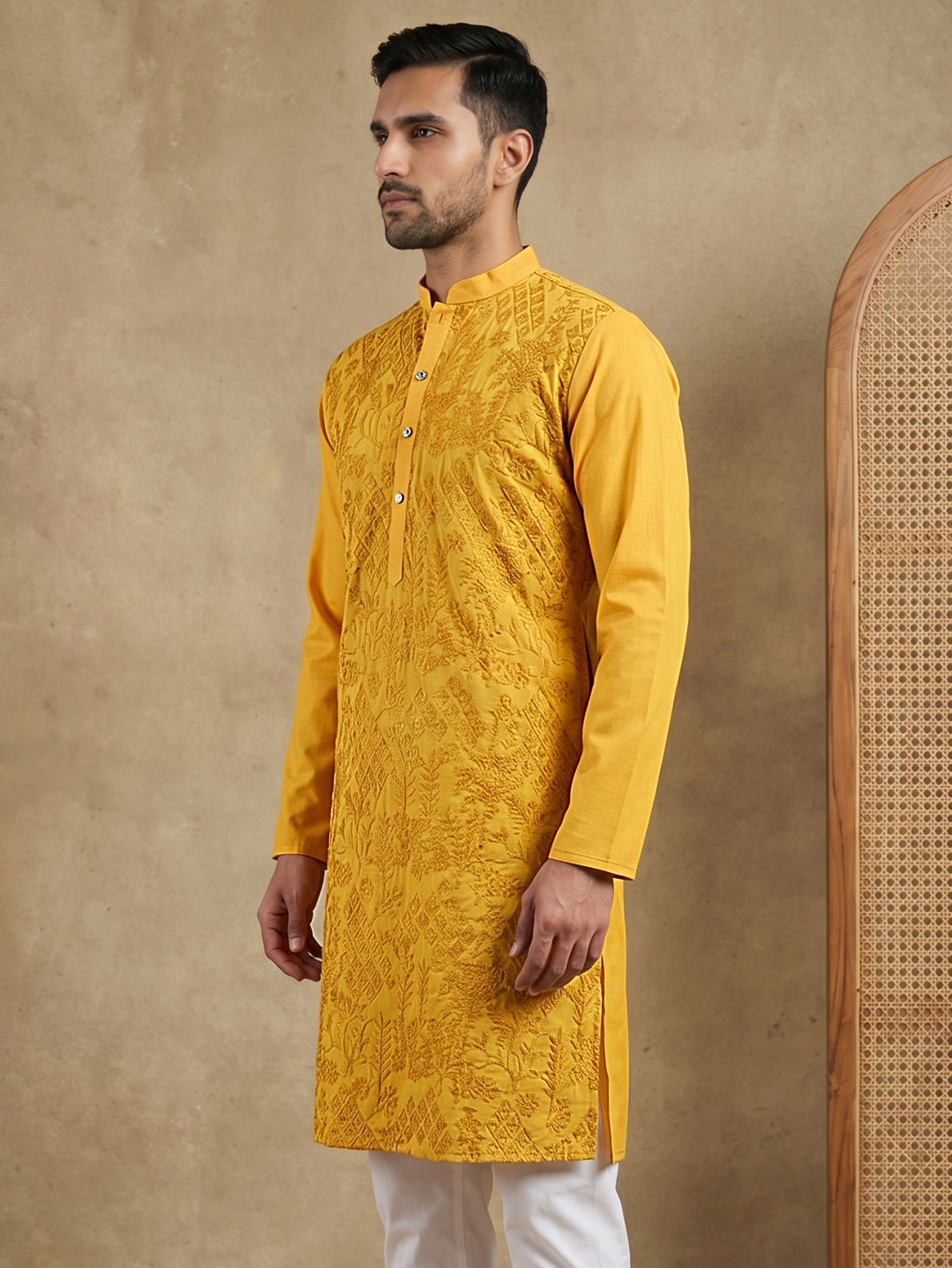 Embroidered Cotton Blend Kurta ( HOPKO 041Yellow )